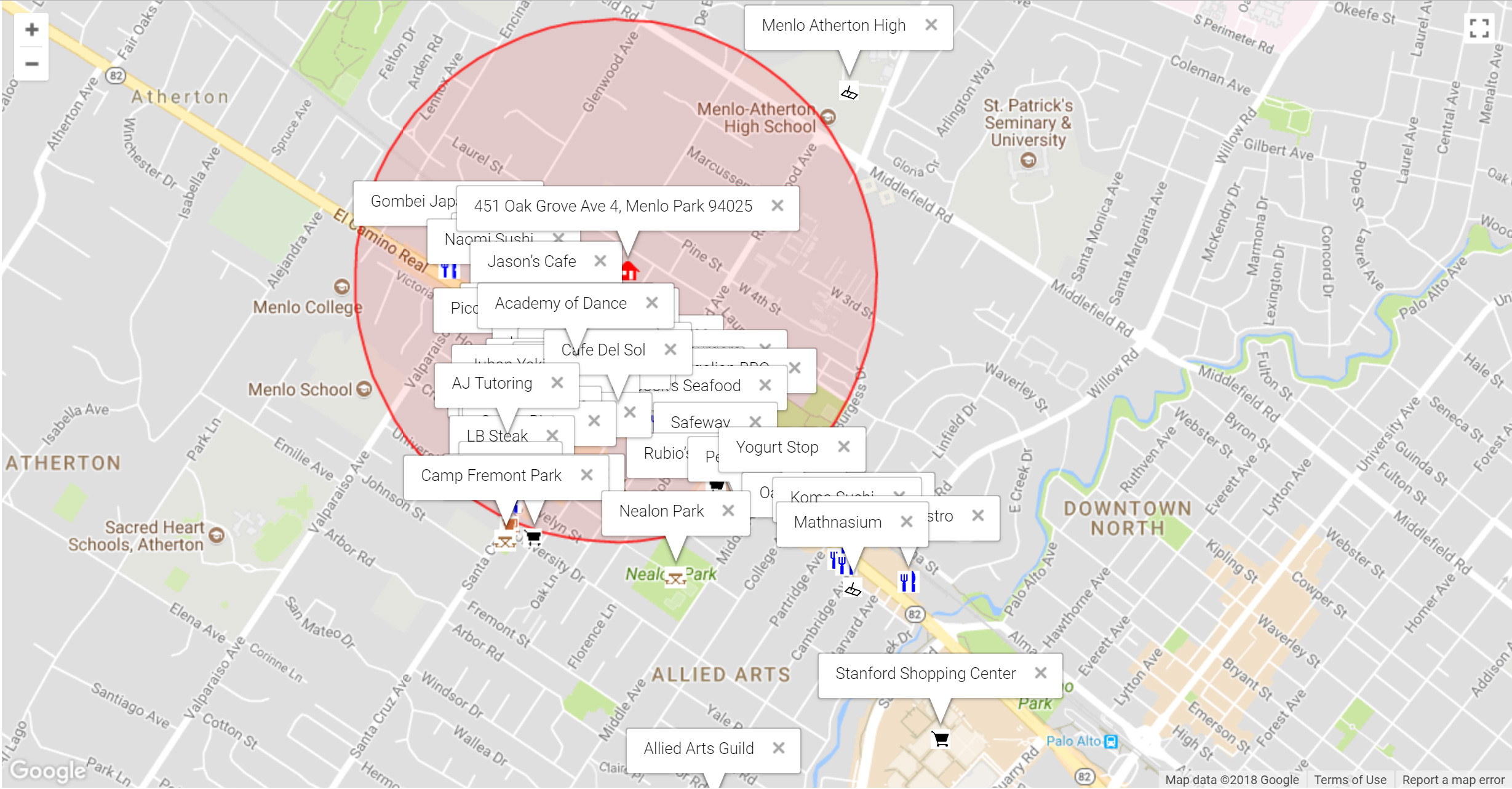 Map of attractions near 451 Oak Grove Ave 4, Menlo Park 94025