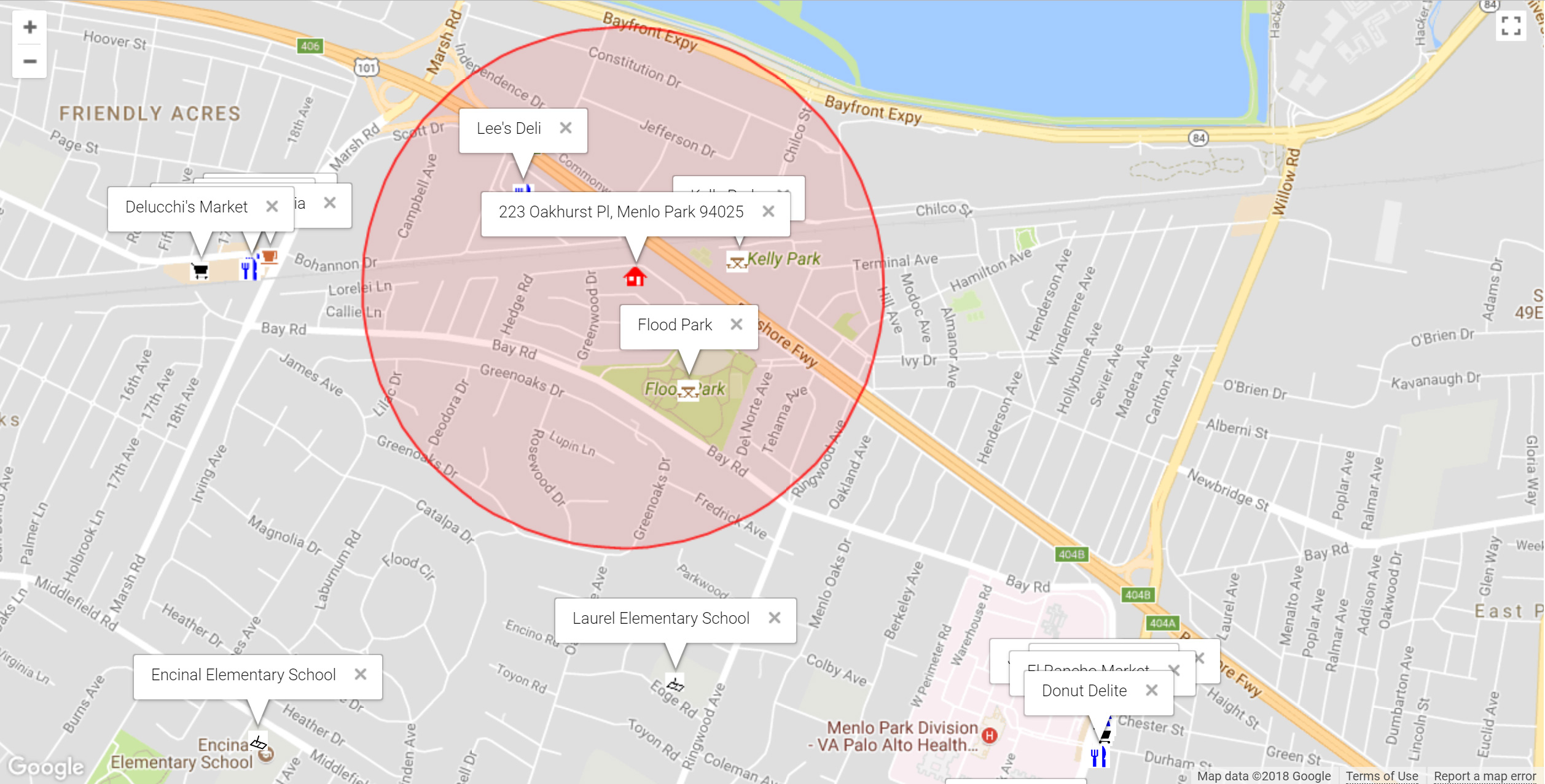 Map of attractions near 223 Oakhurst Pl, Menlo Park 94025