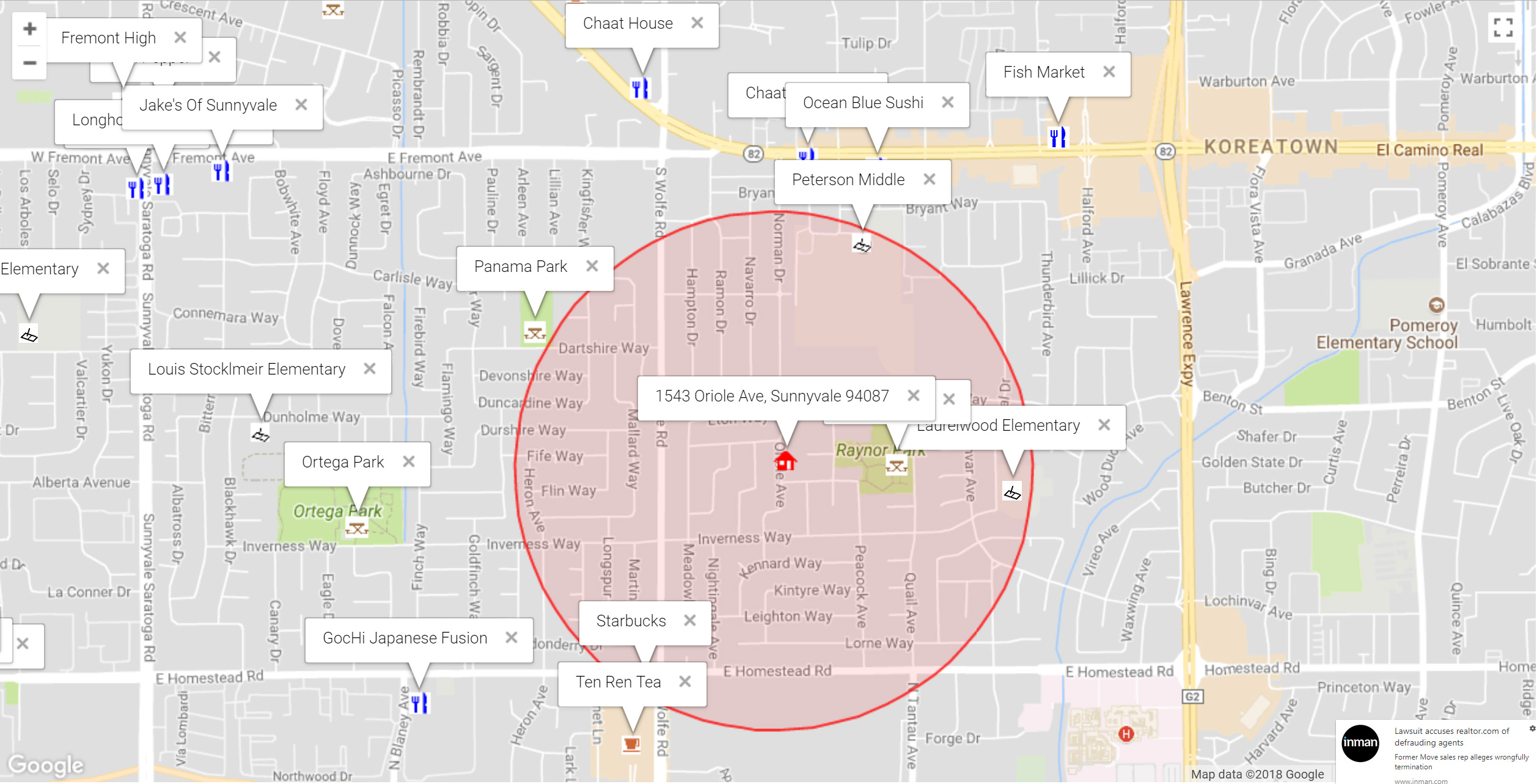Map of attractions near 1543 Oriole Ave, Sunnyvale 94087