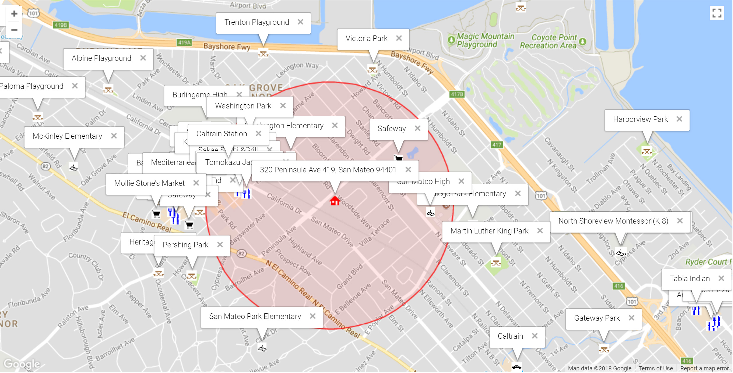 Map of attractions near 320 Peninsula Ave 419, San Mateo 94401
