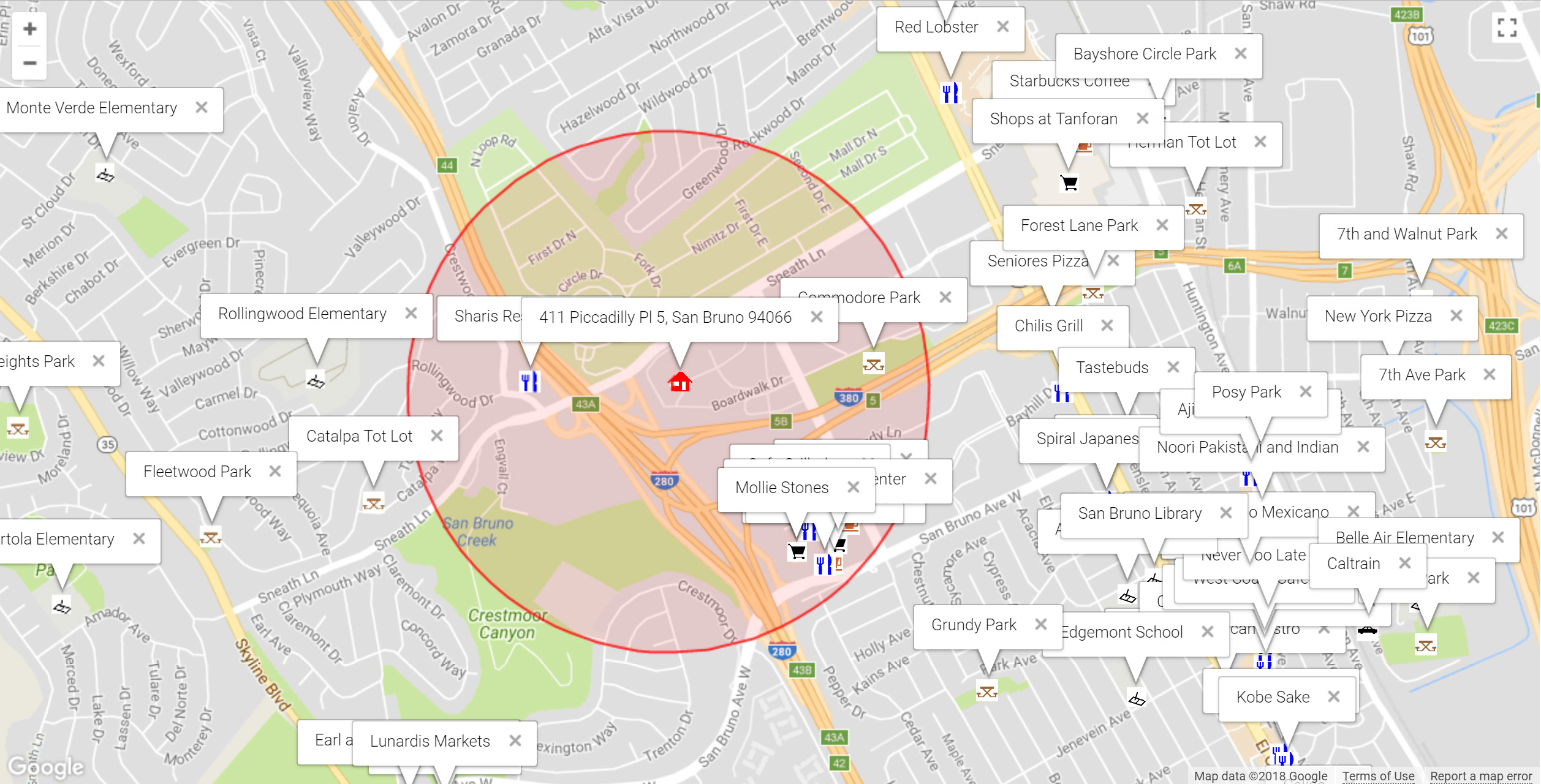 Map of attractions near 411 Piccadilly Pl 5, San Bruno 94066