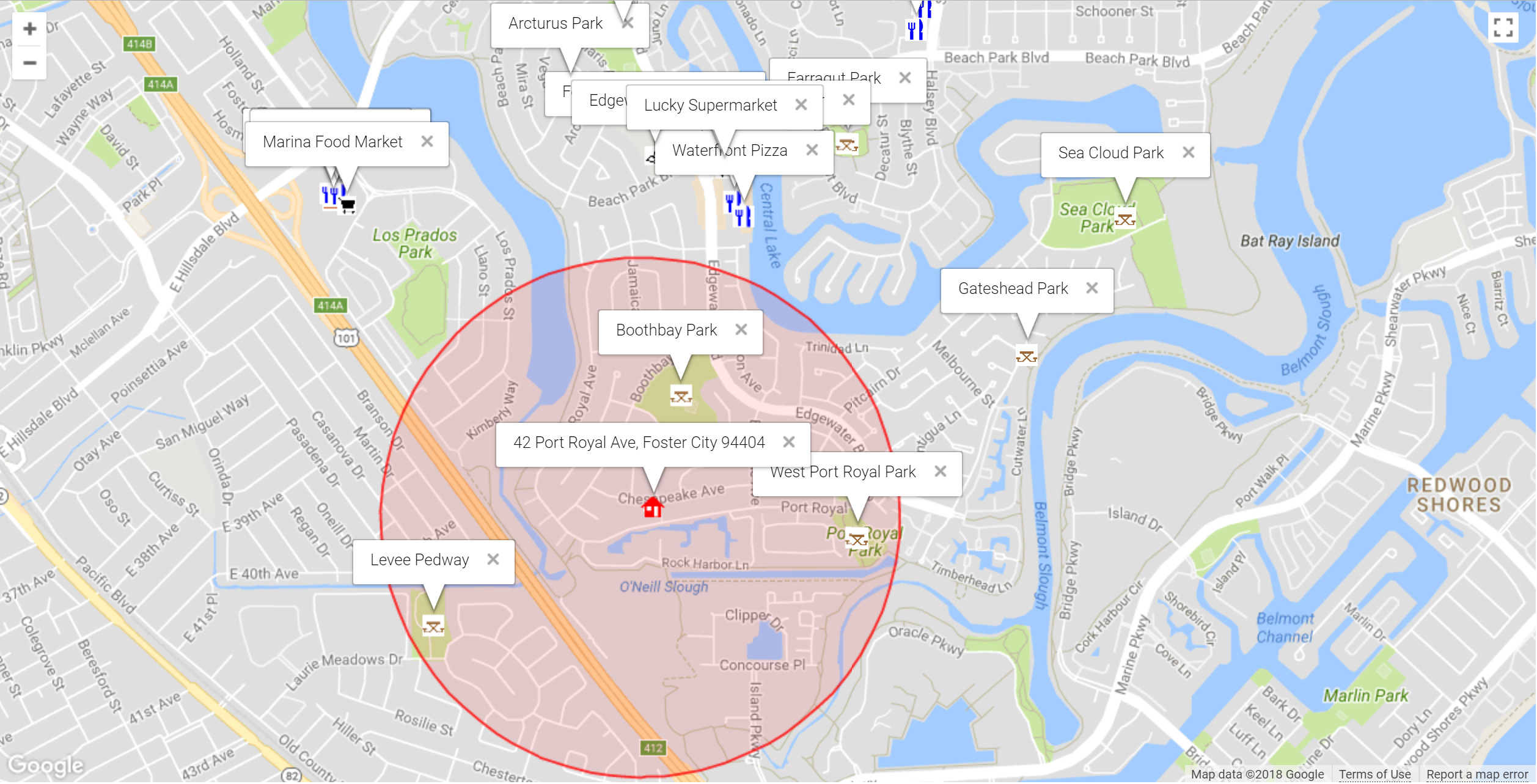 Map of attractions near 42 Port Royal Ave, Foster City 94404