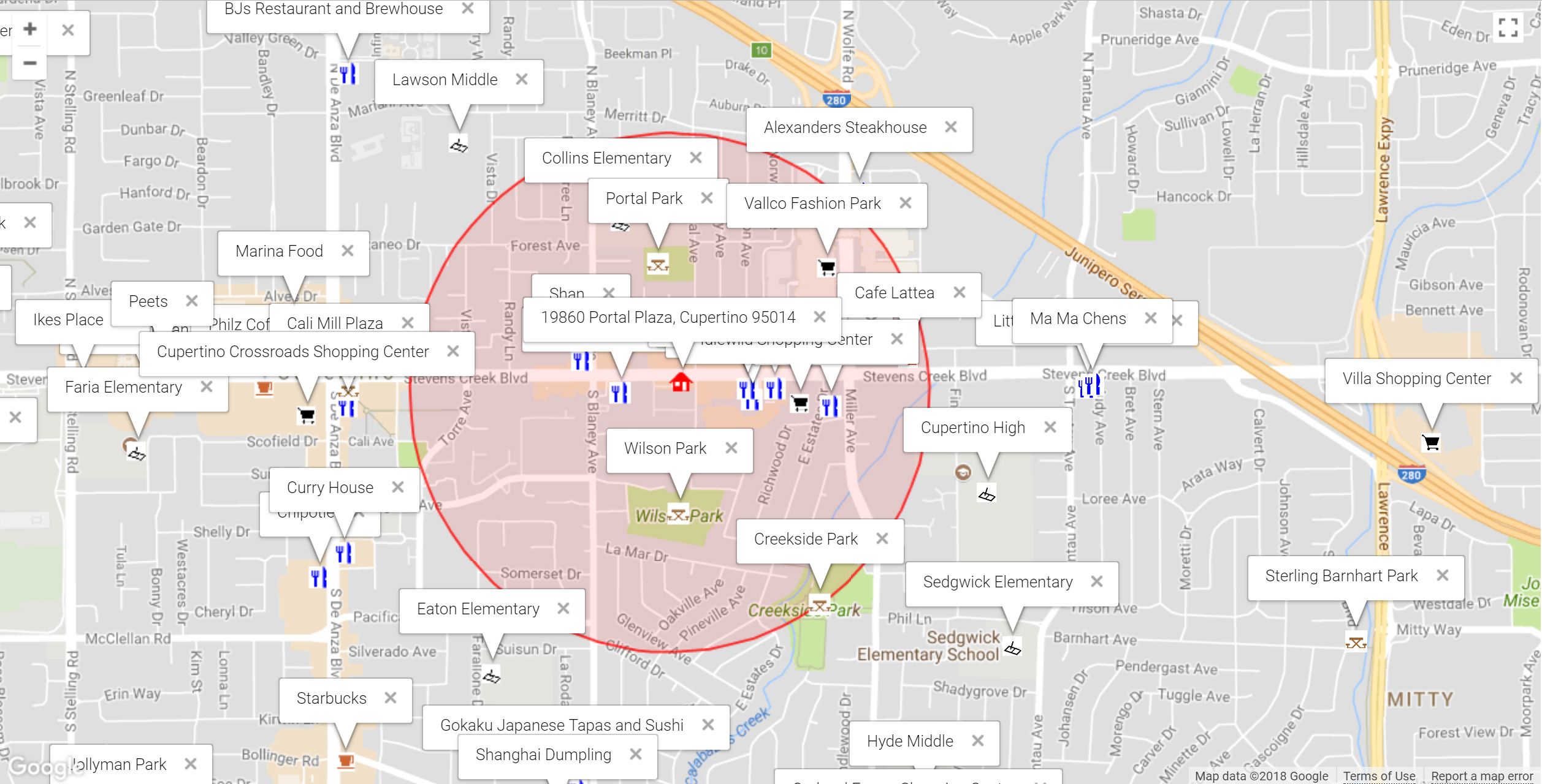 Map of attractions near 19860 Portal Plaza, Cupertino 95014