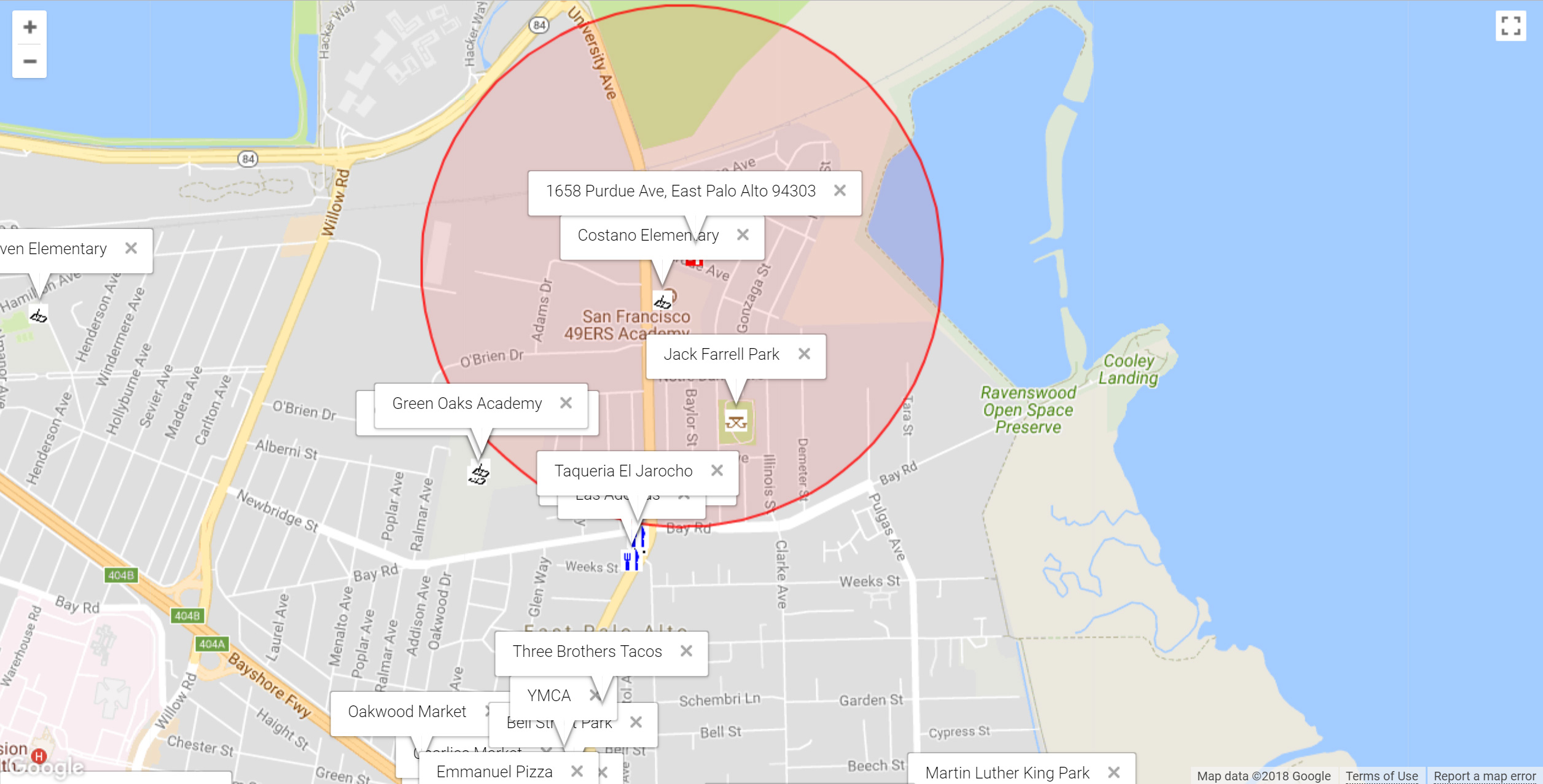 Map of attractions near 1658 Purdue Ave, East Palo Alto 94303