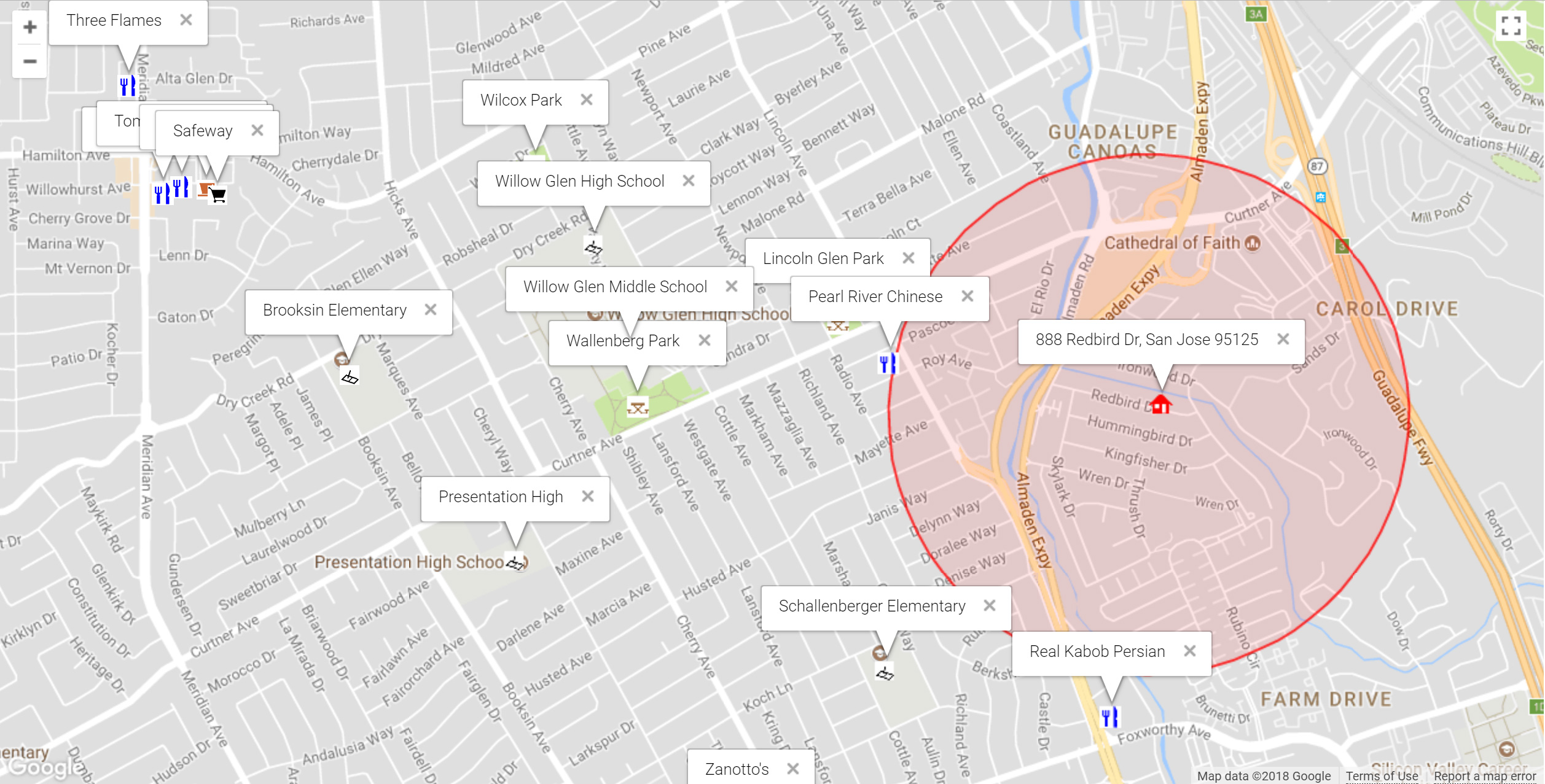 Map of attractions near 888 Redbird Dr, San Jose 95125