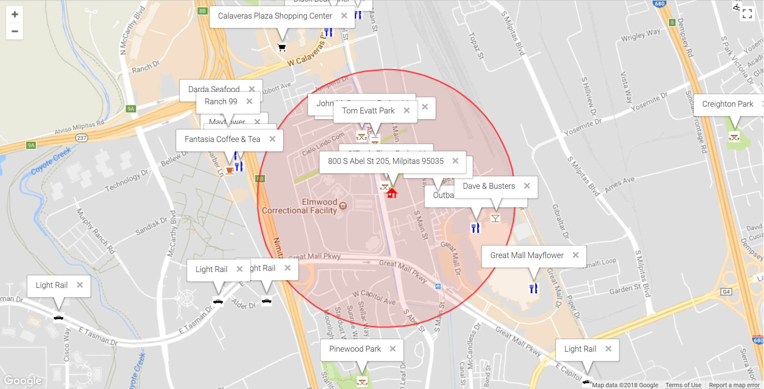 Map of attractions near 800 S Abel St 205, Milpitas 95035