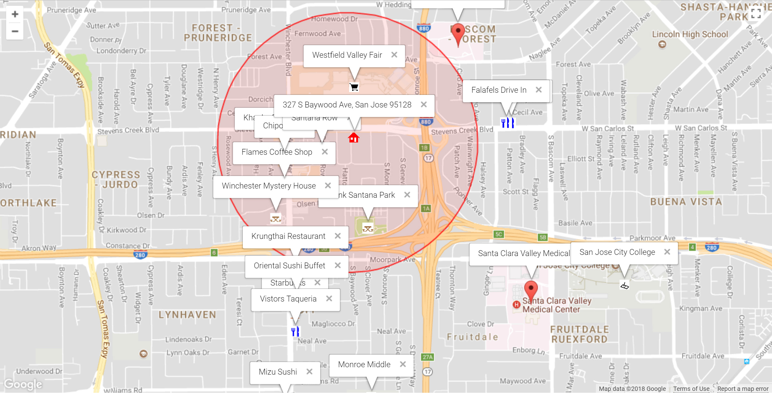 Map of attractions near 327 S Baywood Ave, San Jose 95128
