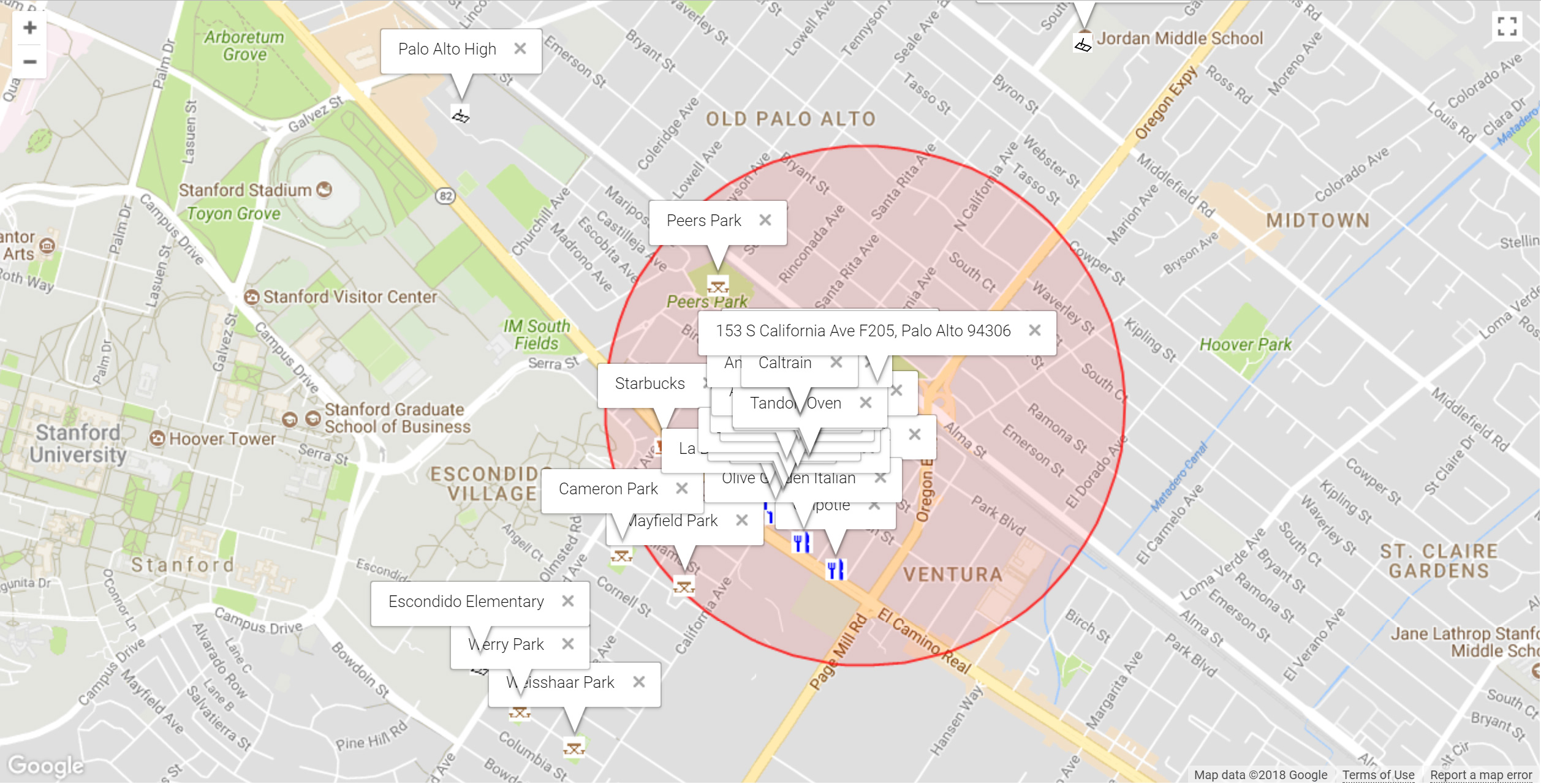 Map of attractions near 153 S California Ave F205, Palo Alto 94306