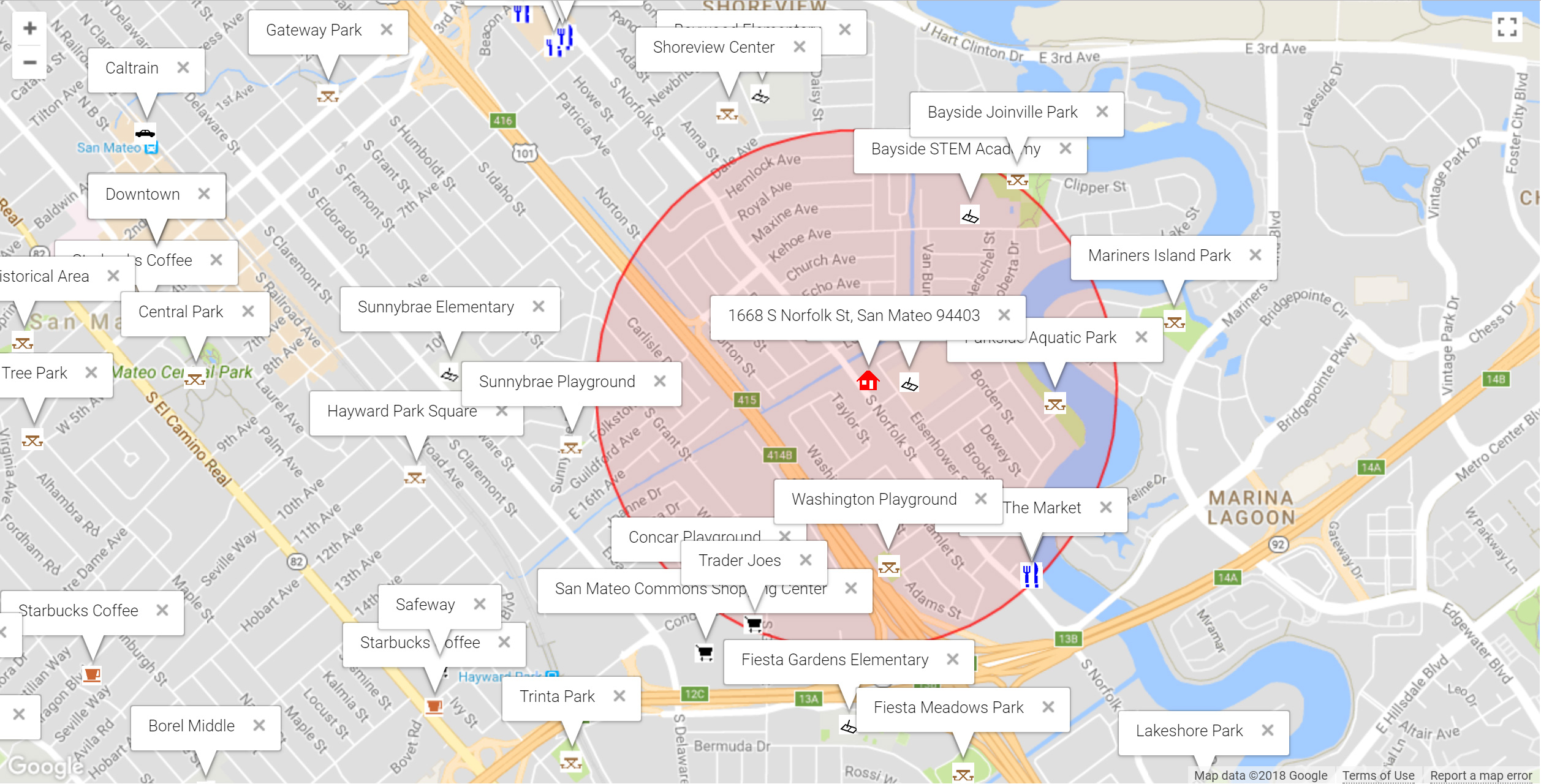 Map of attractions near 1668 S Norfolk St, San Mateo 94403