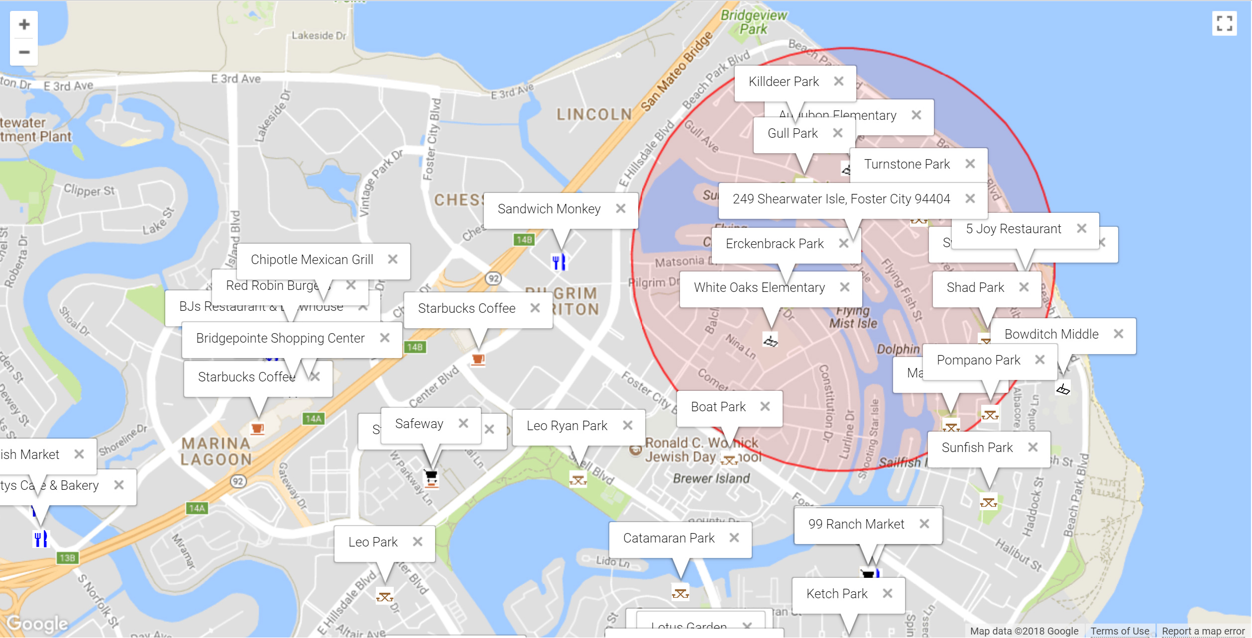 Map of attractions near 249 Shearwater Isle, Foster City 94404