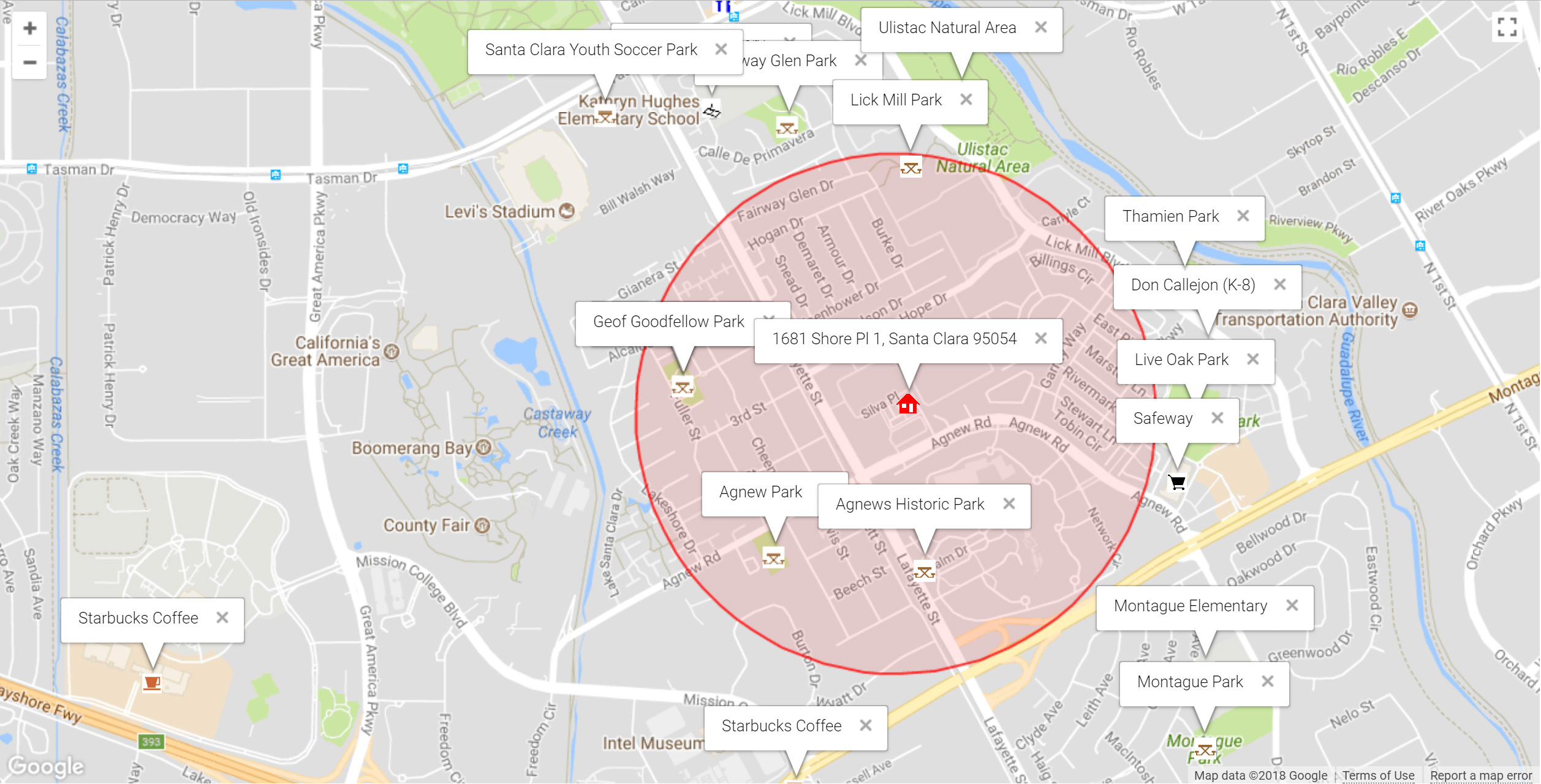 Map of attractions near 1681 Shore Pl 1, Santa Clara 95054