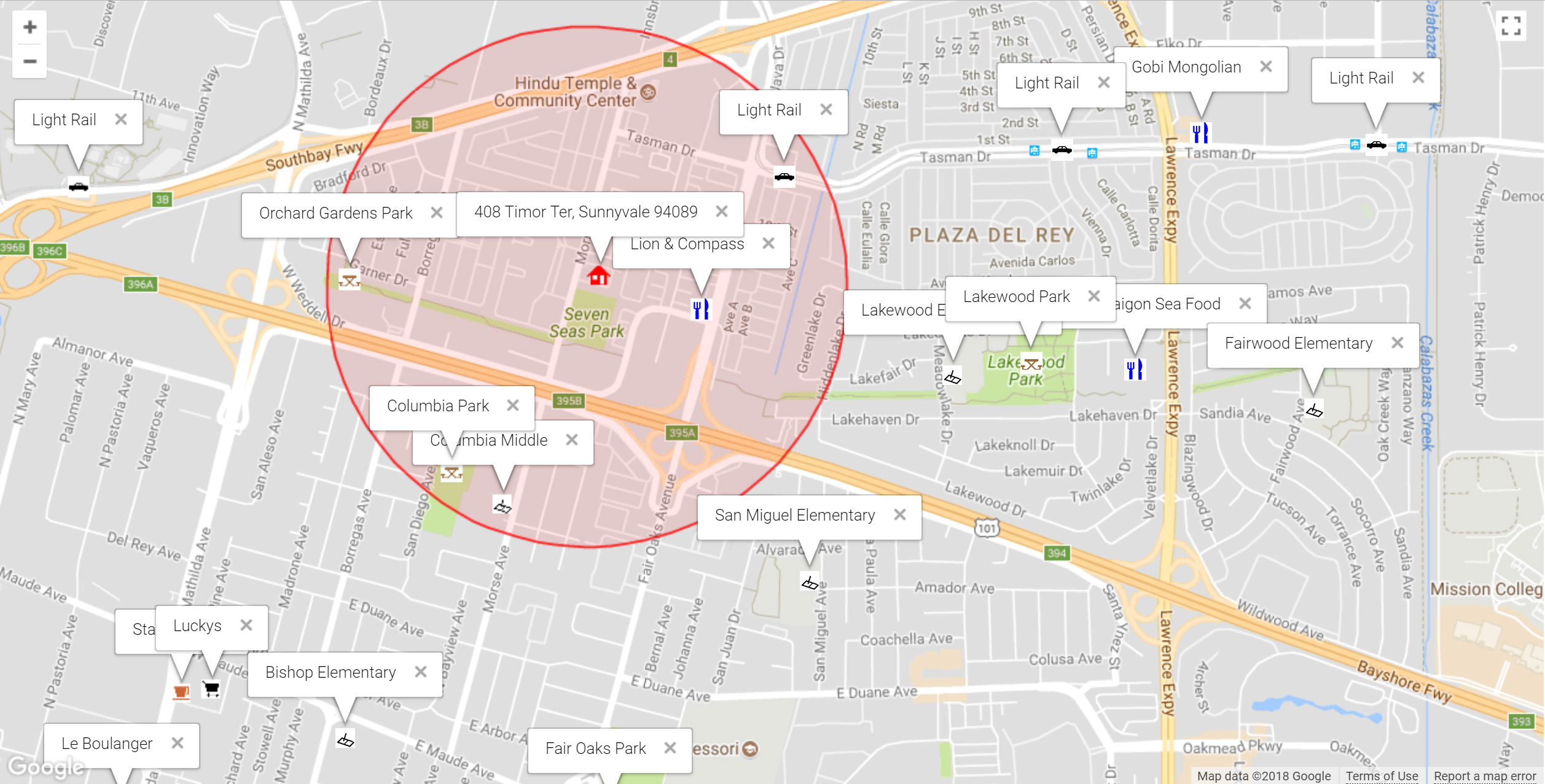 Map of attractions near 408 Timor Ter, Sunnyvale 94089