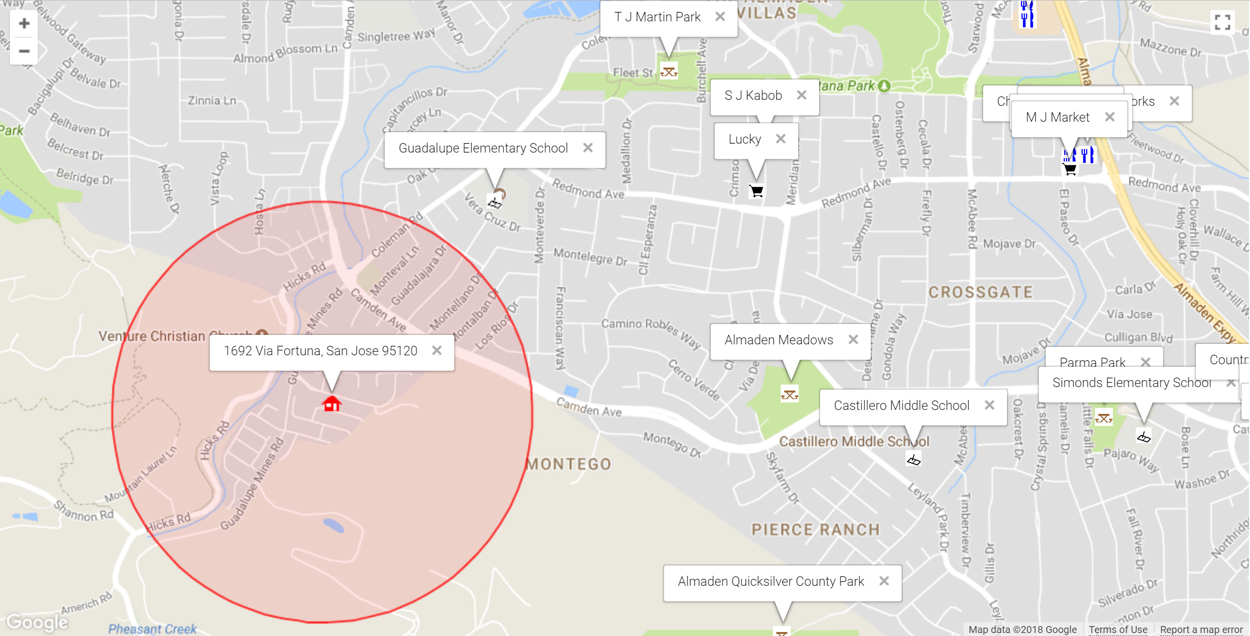 Map of attractions near 1692 Via Fortuna, San Jose 95120