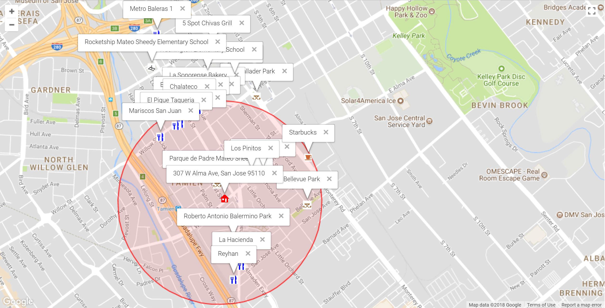 Map of attractions near 307 W Alma Ave, San Jose 95110