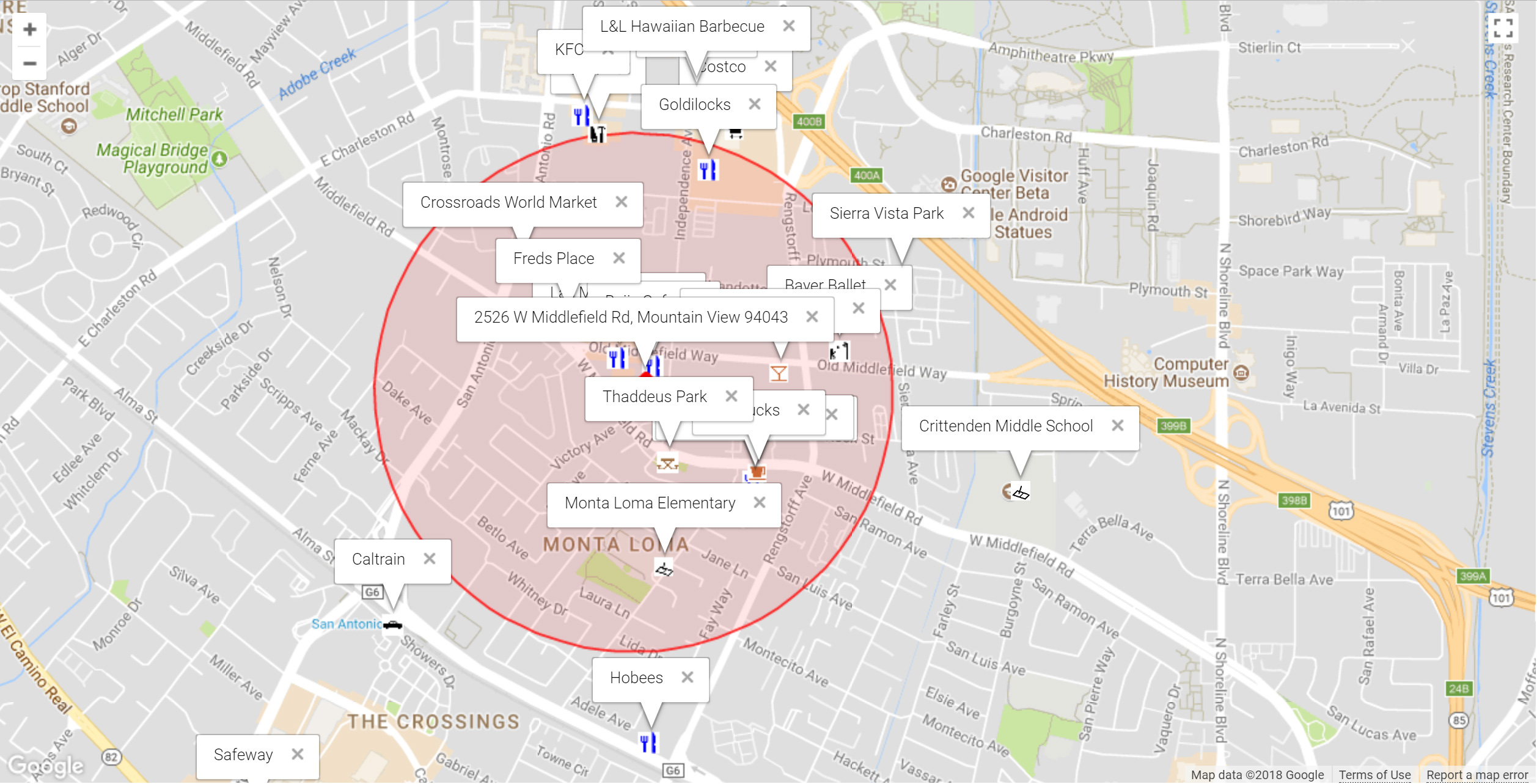 Map of attractions near 2526 W Middlefield Rd, Mountain View 94043