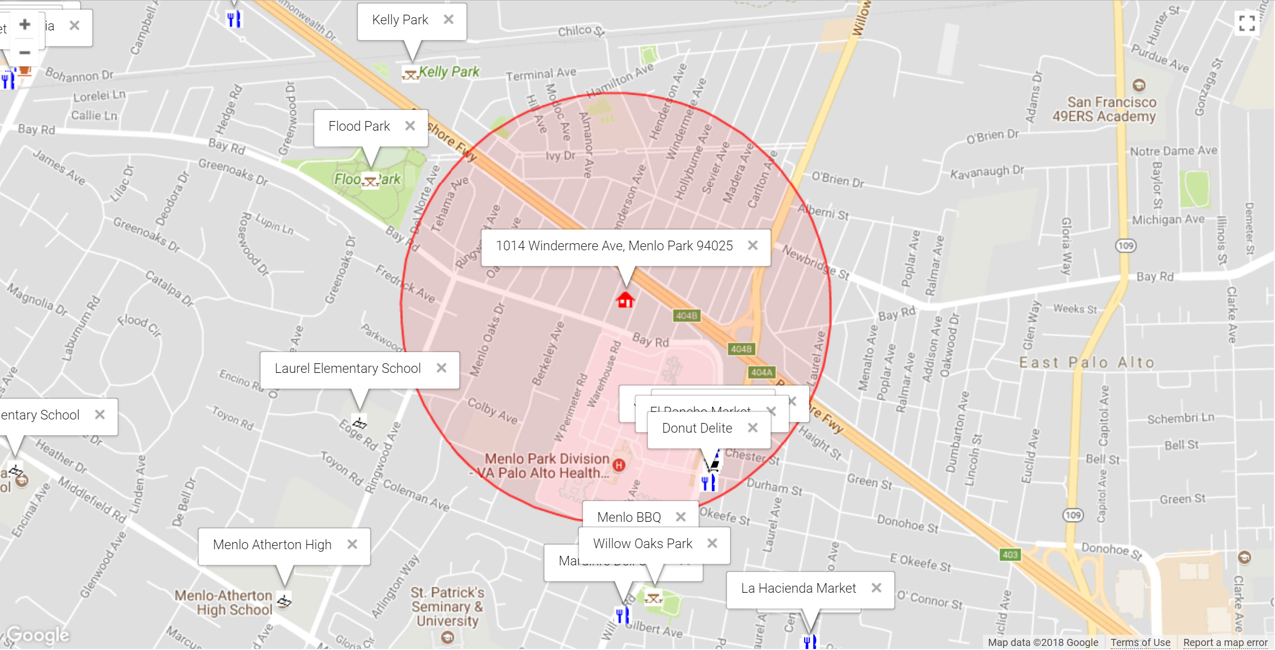 Map of attractions near 1014 Windermere Ave, Menlo Park 94025