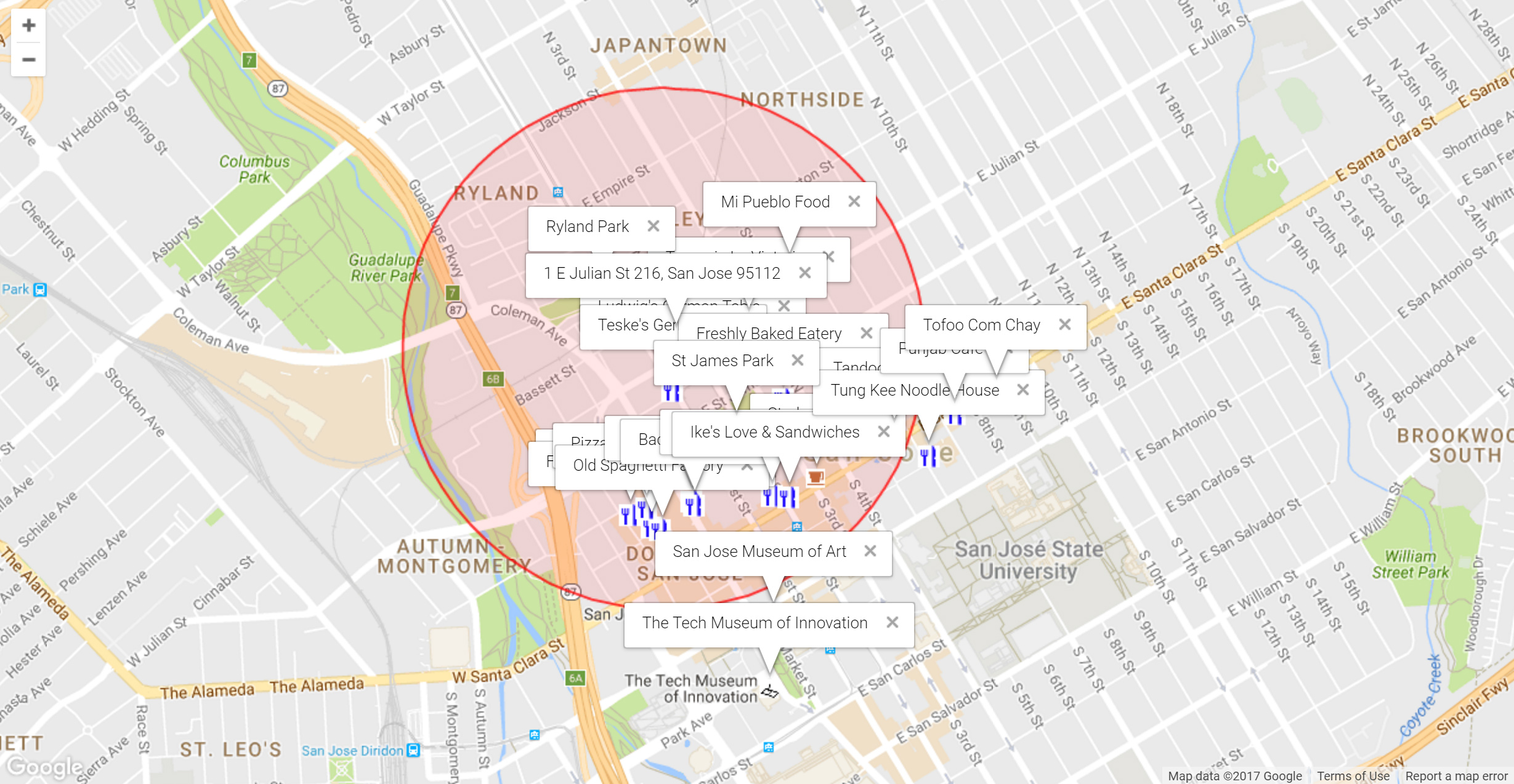 Map of attractions near 1 E Julian St 216, San Jose 95112