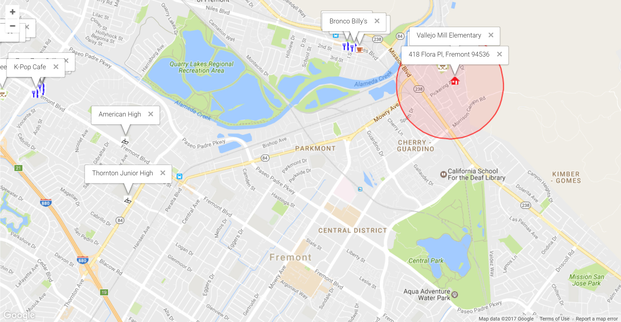 Map of attractions near 418 Flora Pl, Fremont 94536