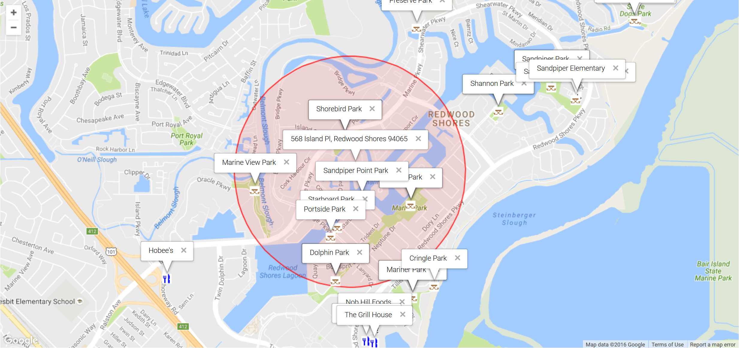 Map of attractions near 568 Island Pl, Redwood Shores 94065