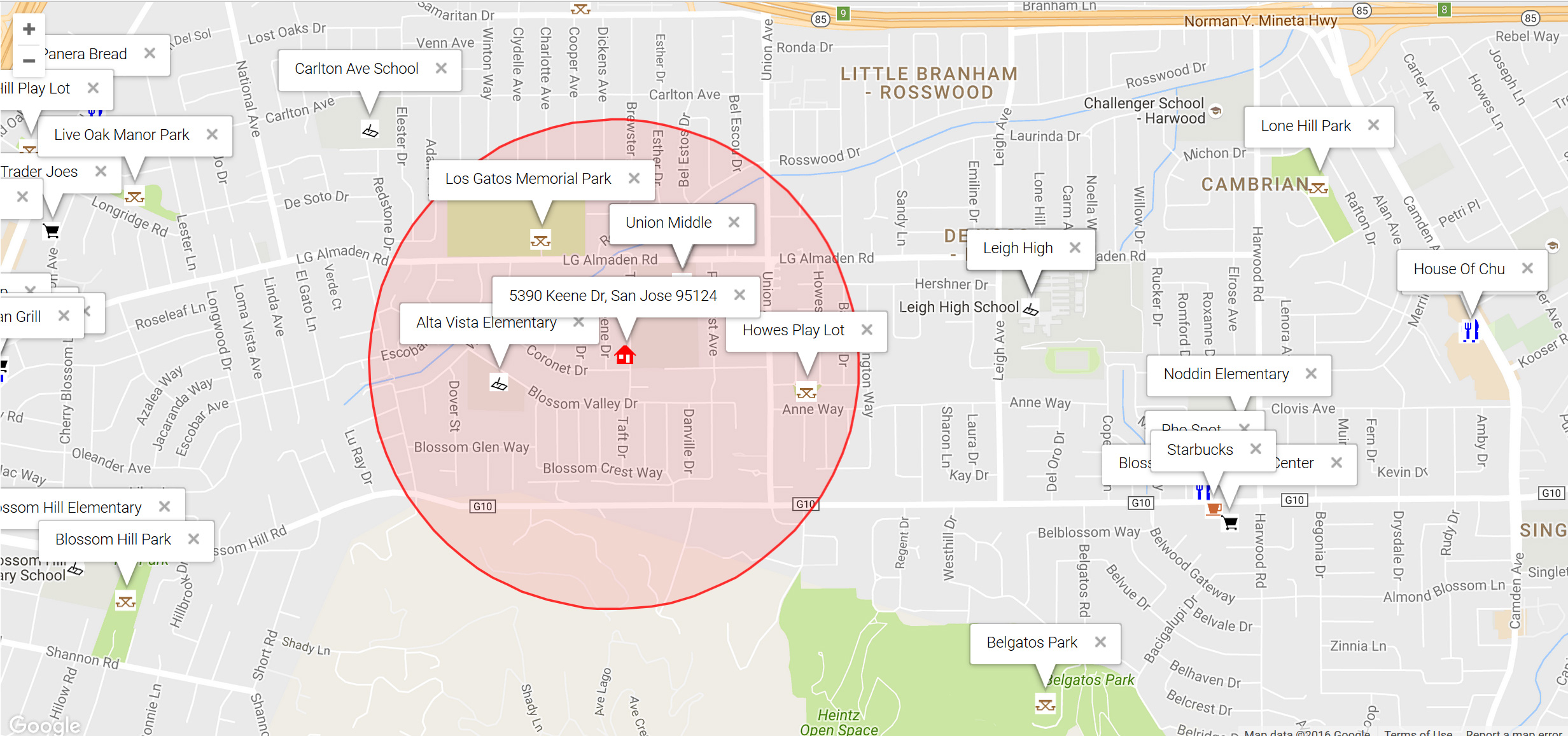 Map of attractions near 5390 Keene Dr, San Jose 95124
