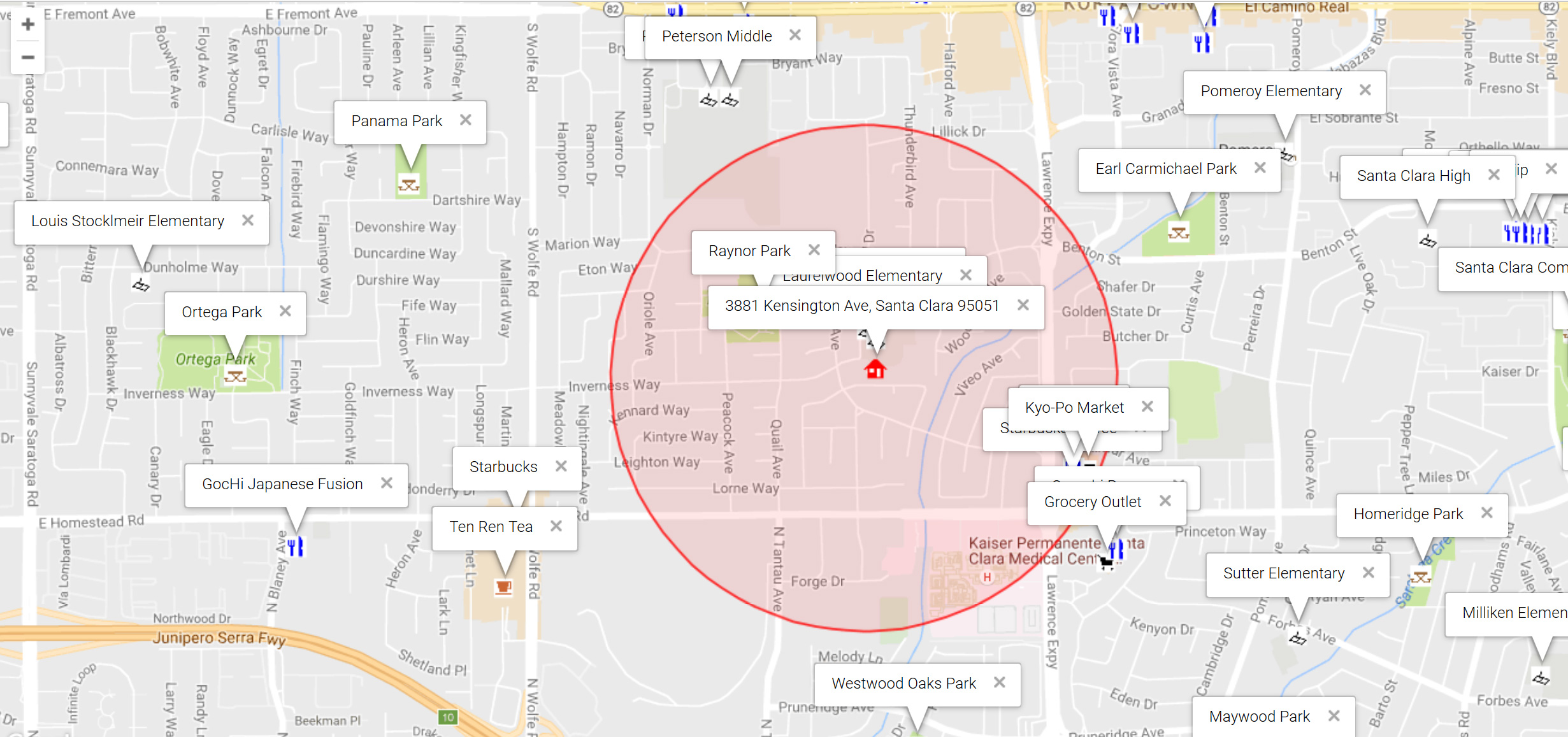 Map of attractions near 3881 Kensington Ave, Santa Clara 95051