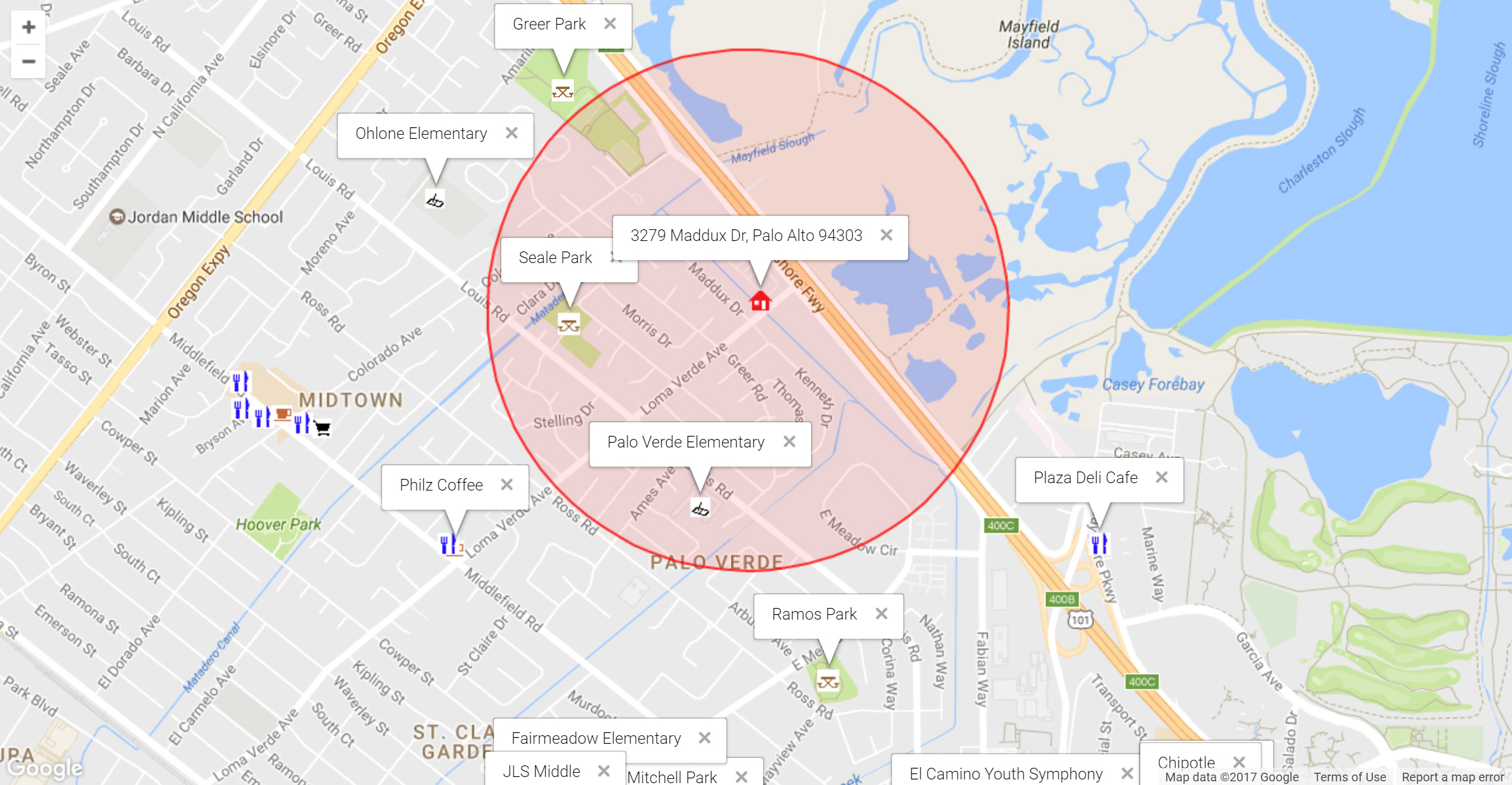 Map of attractions near 3279 Maddux Dr, Palo Alto 94303
