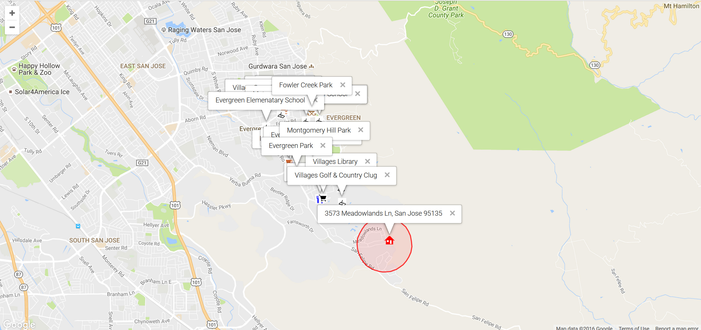 Map of attractions near 3573 Meadowlands Ln, San Jose 95135