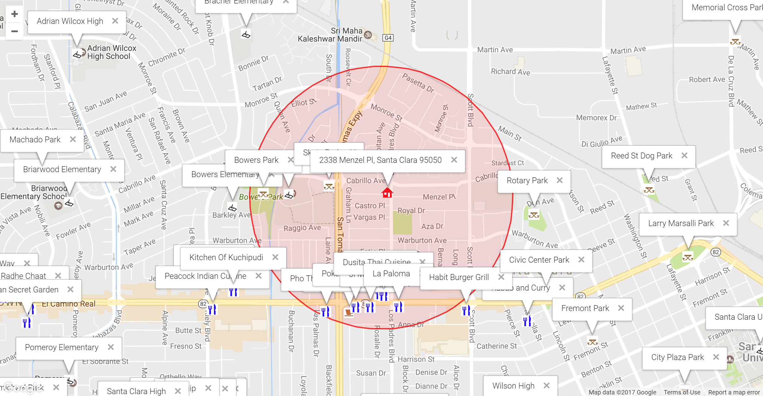 Map of attractions near 2338 Menzel Pl, Santa Clara 95050