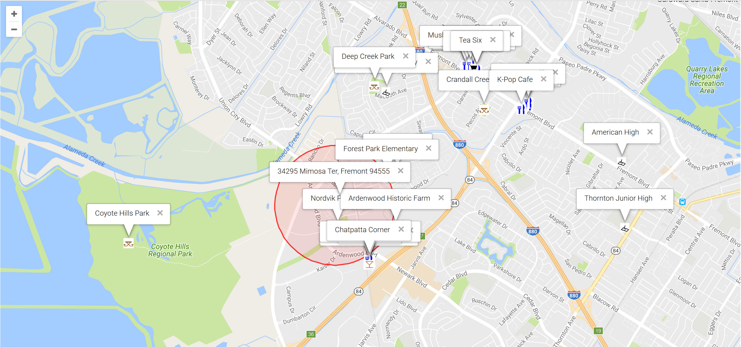 Map of attractions near 34295 Mimosa Ter, Fremont 94555