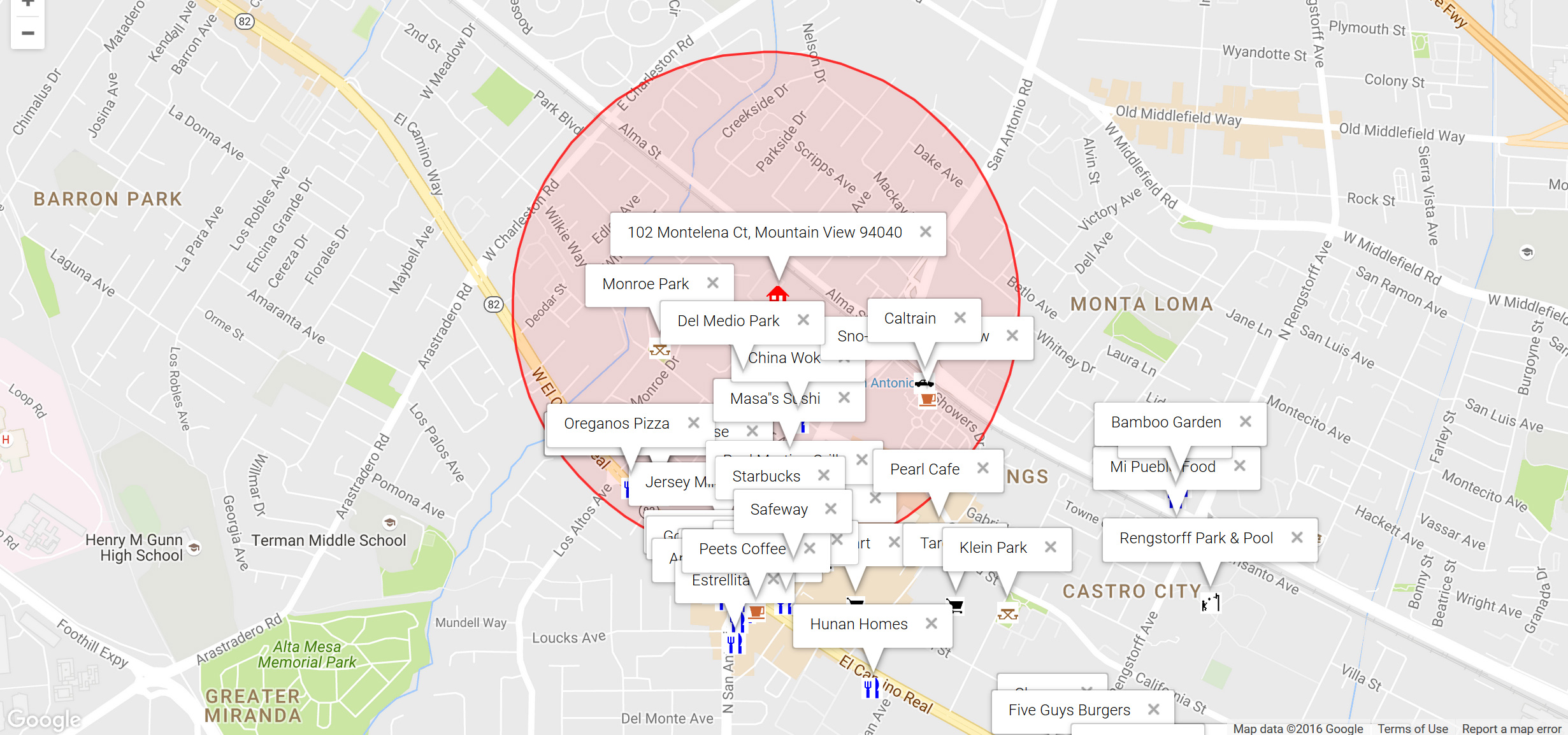 Map of attractions near 102 Montelena Ct, Mountain View 94040