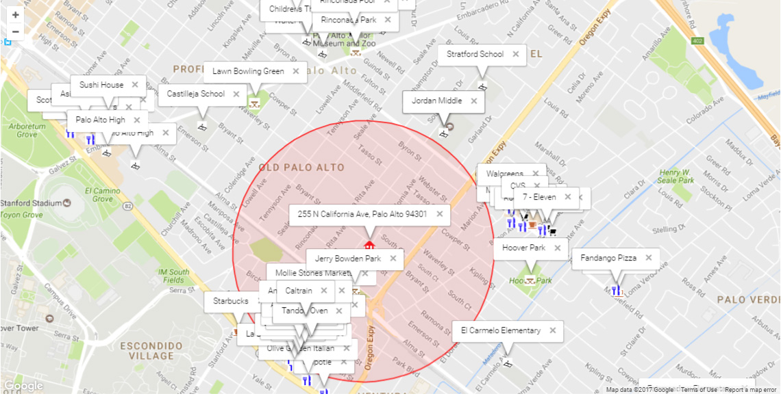 Map of attractions near 255 N California Ave, Palo Alto 94301