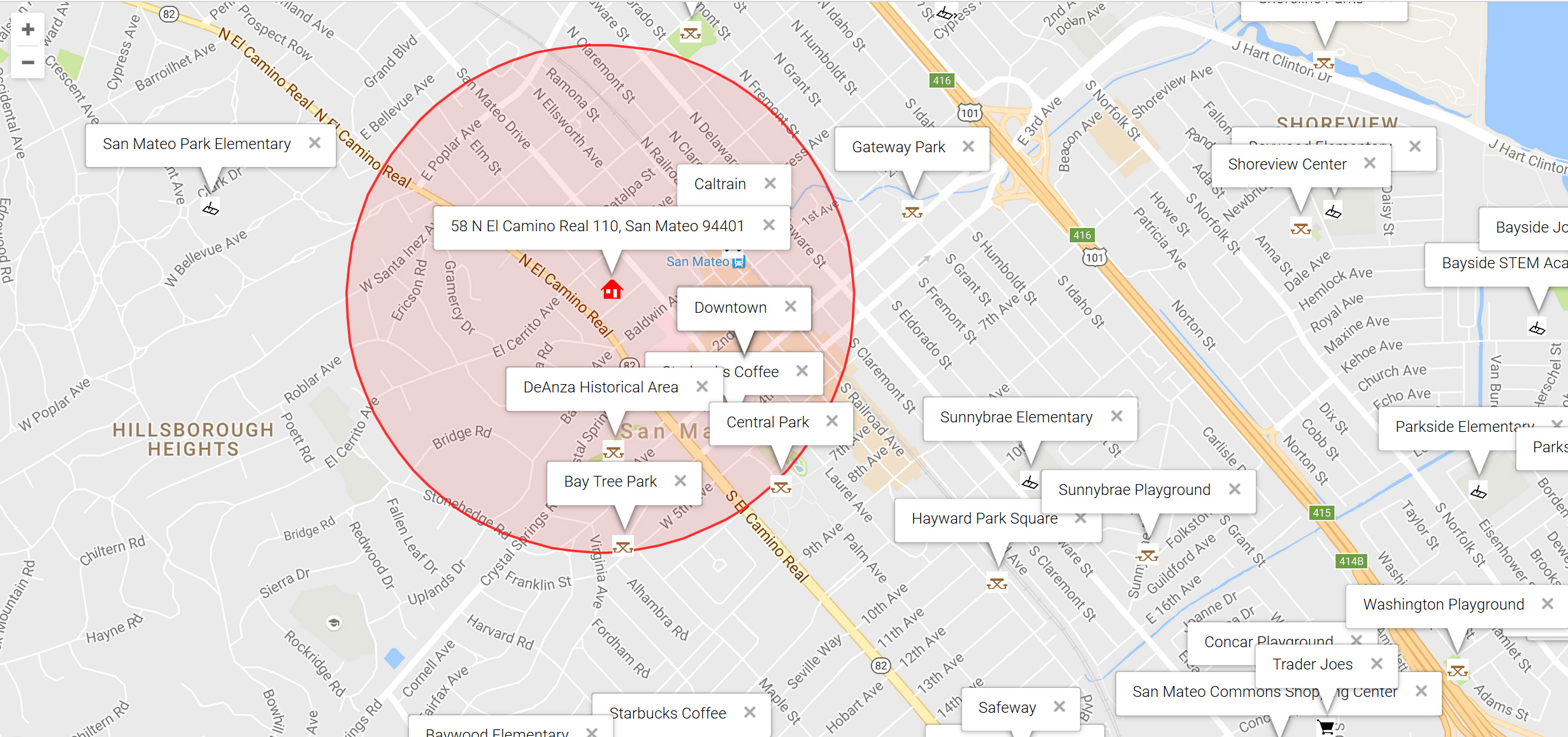 Map of attractions near 58 N El Camino Real 110, San Mateo 94401