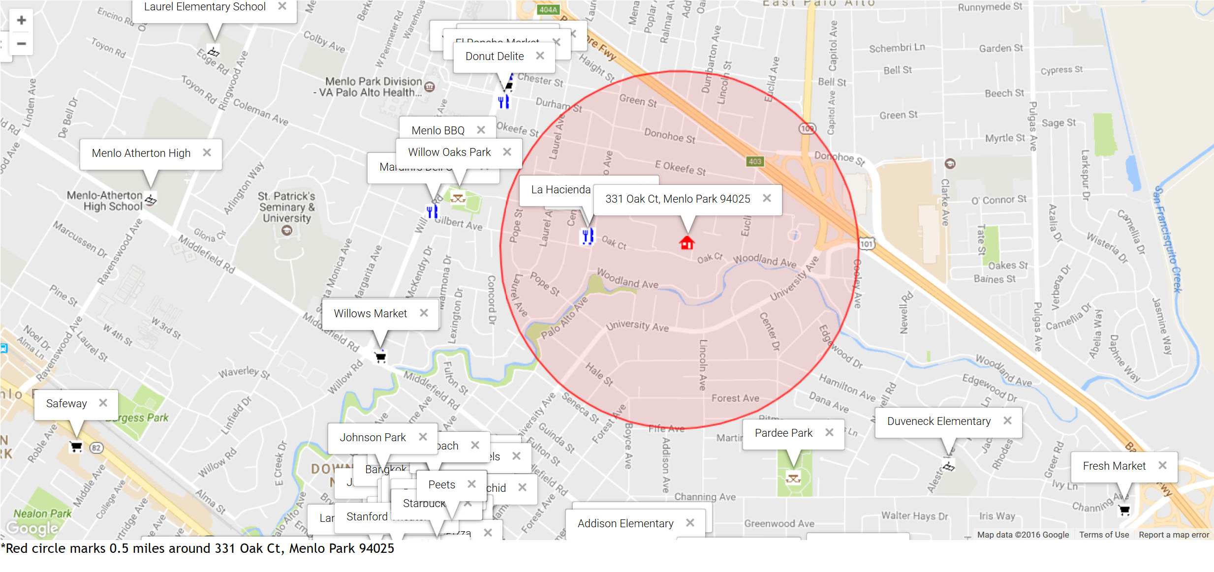 Map of attractions near 331 Oak Ct, Menlo Park 94025
