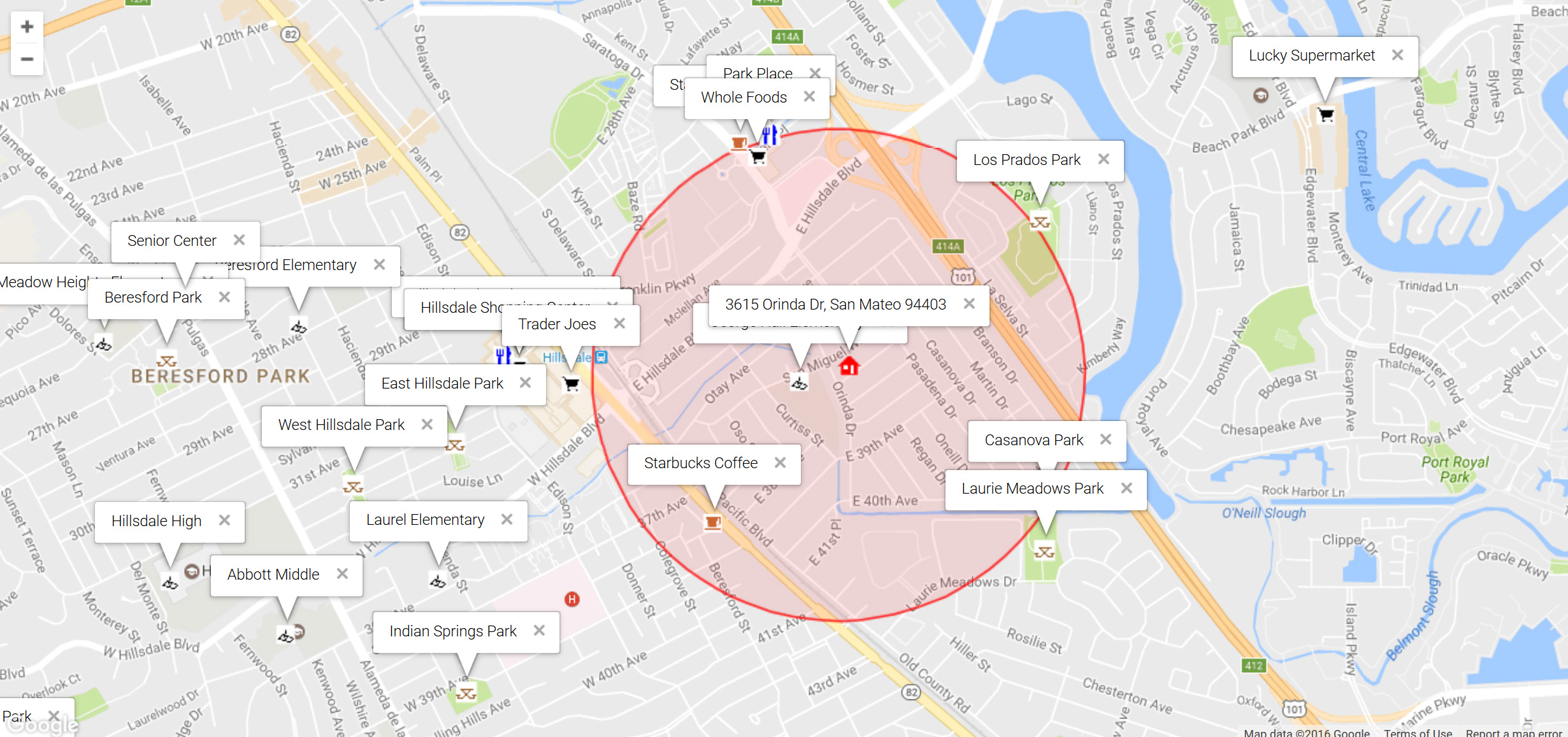 Map of attractions near 3615 Orinda Dr, San Mateo 94403