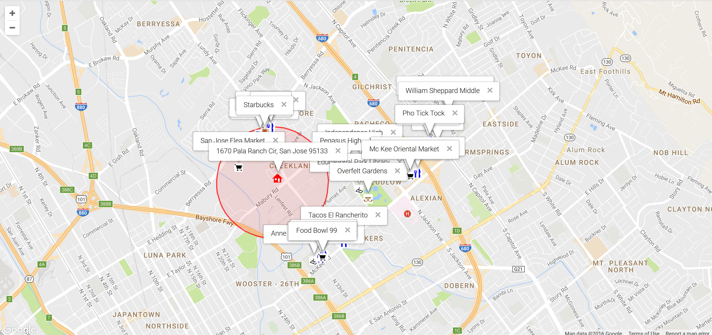 Map of attractions near 1670 Pala Ranch Cir, San Jose 95133
