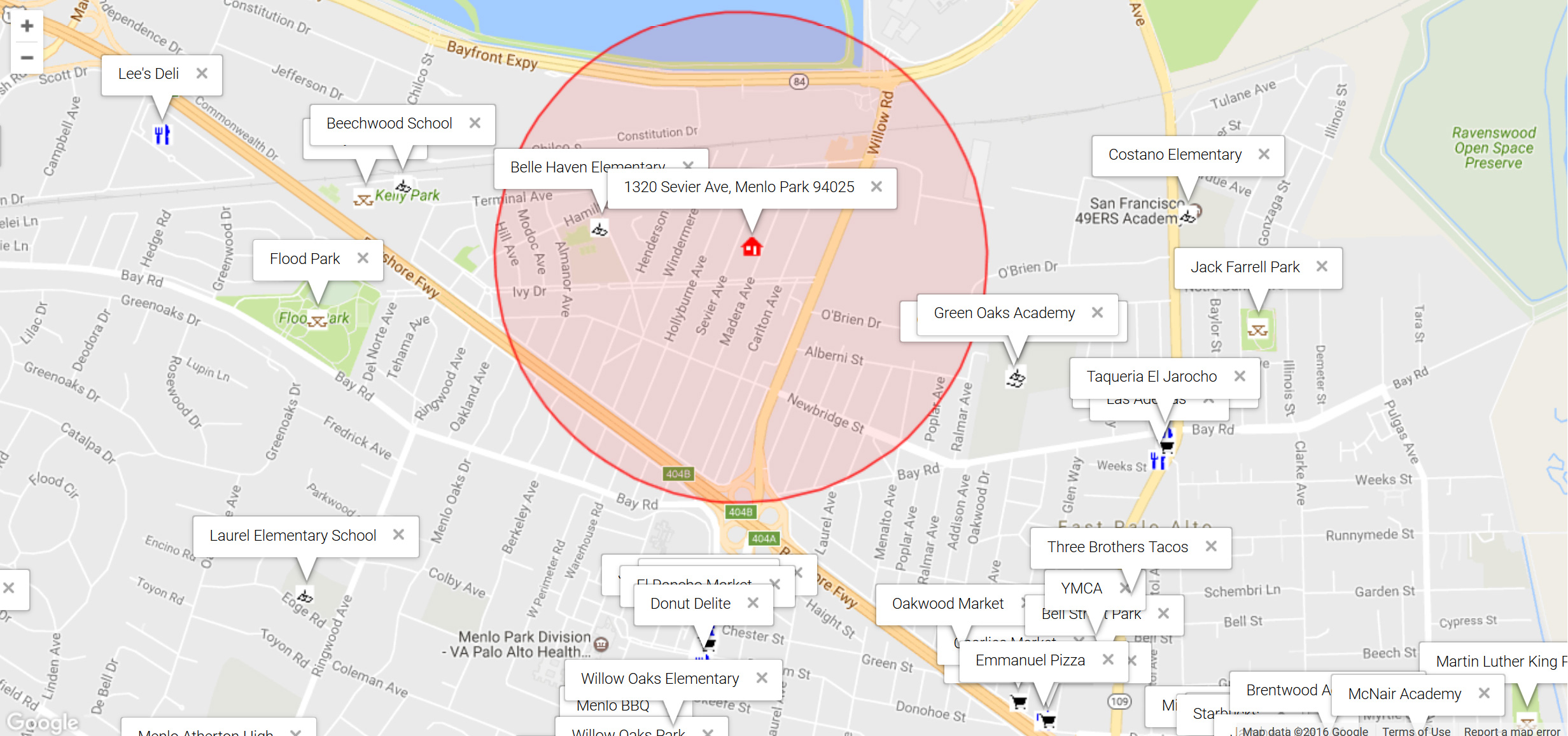 Map of attractions near 1320 Sevier Ave, Menlo Park 94025