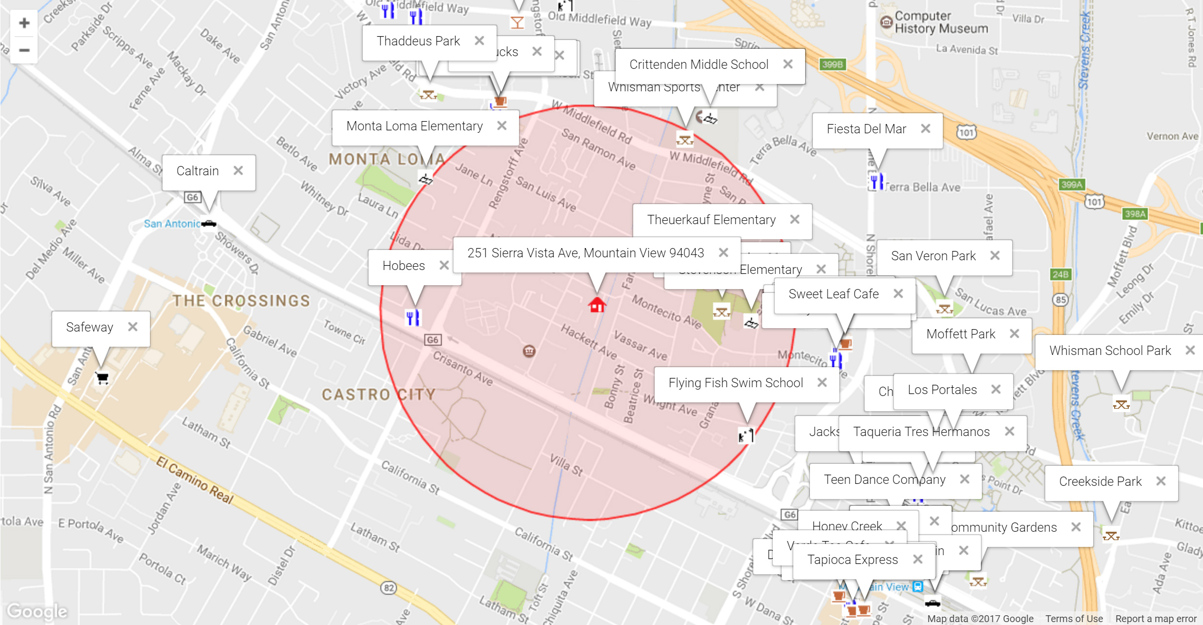 Map of attractions near 251 Sierra Vista Ave, Mountain View 94043