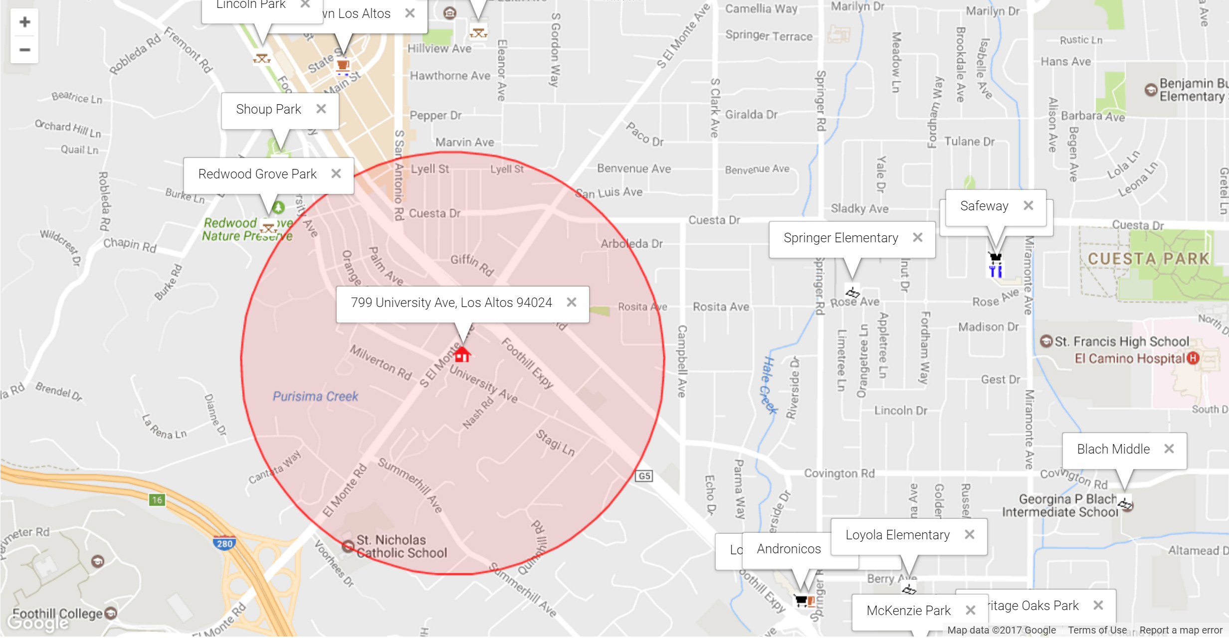 Map of attractions near 799 University Ave, Los Altos 94024