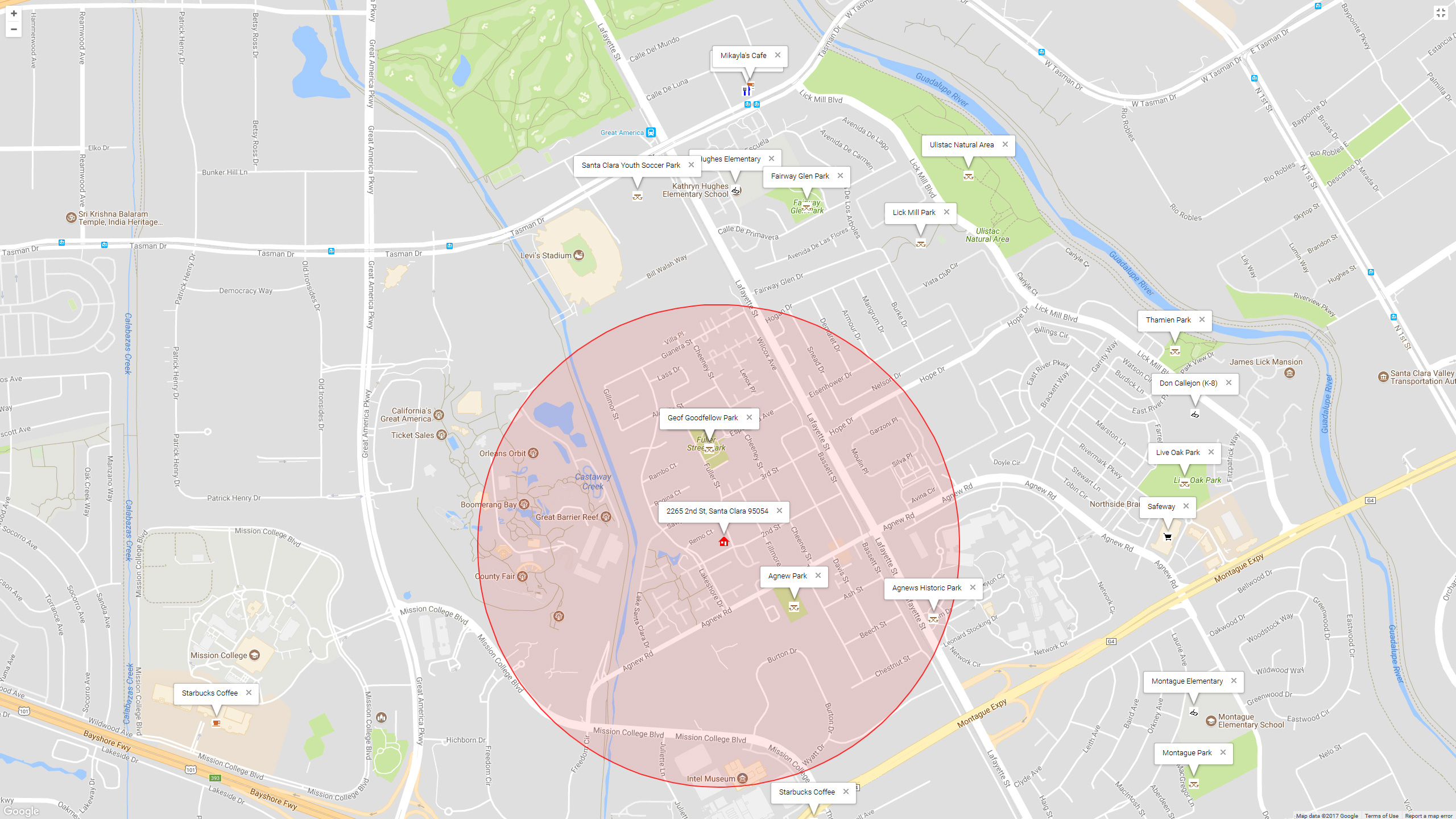 Map of attractions near 2265 2nd St, Santa Clara 95054