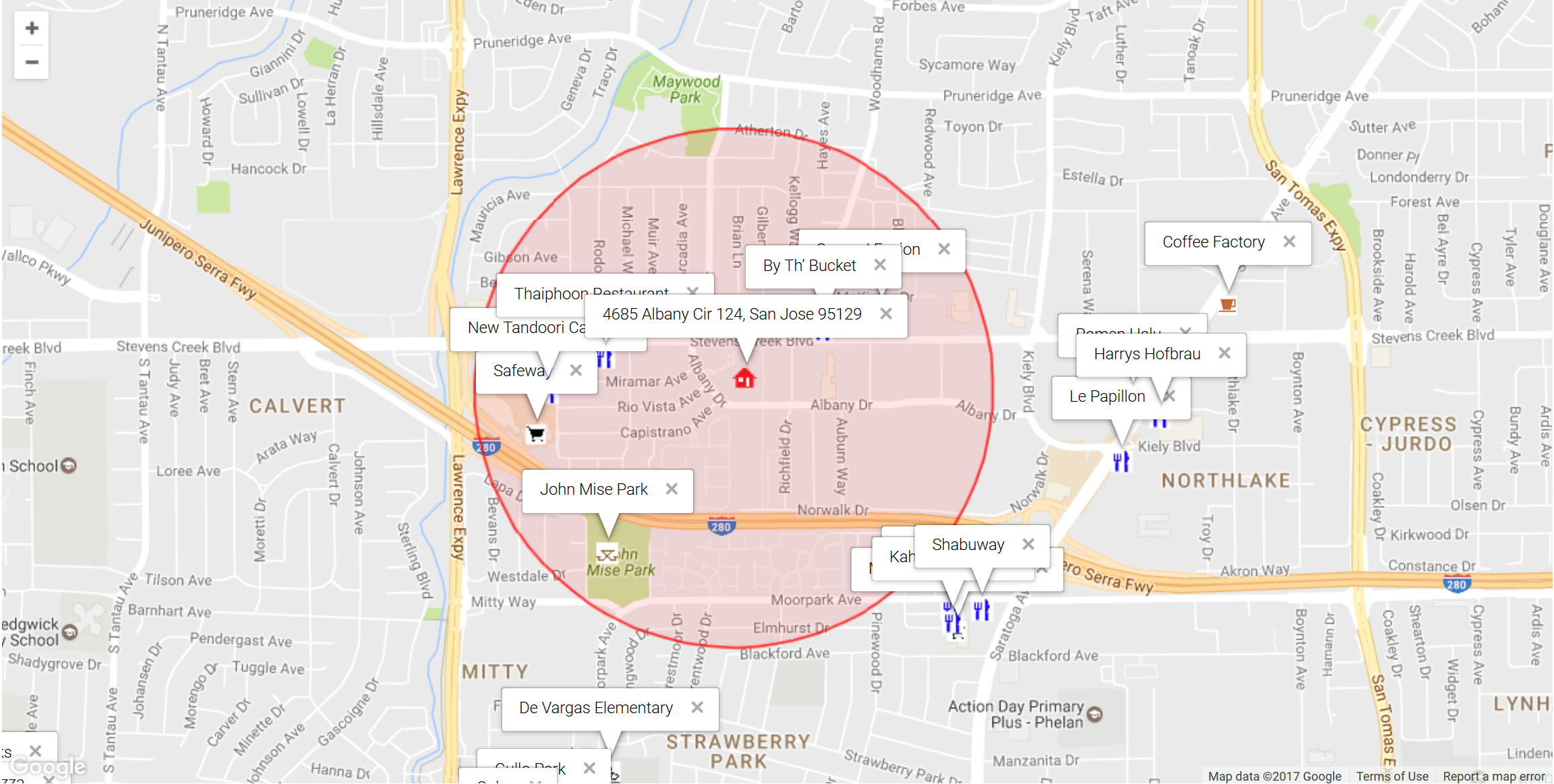 Map of attractions near 4685 Albany Cir 124, San Jose 95129