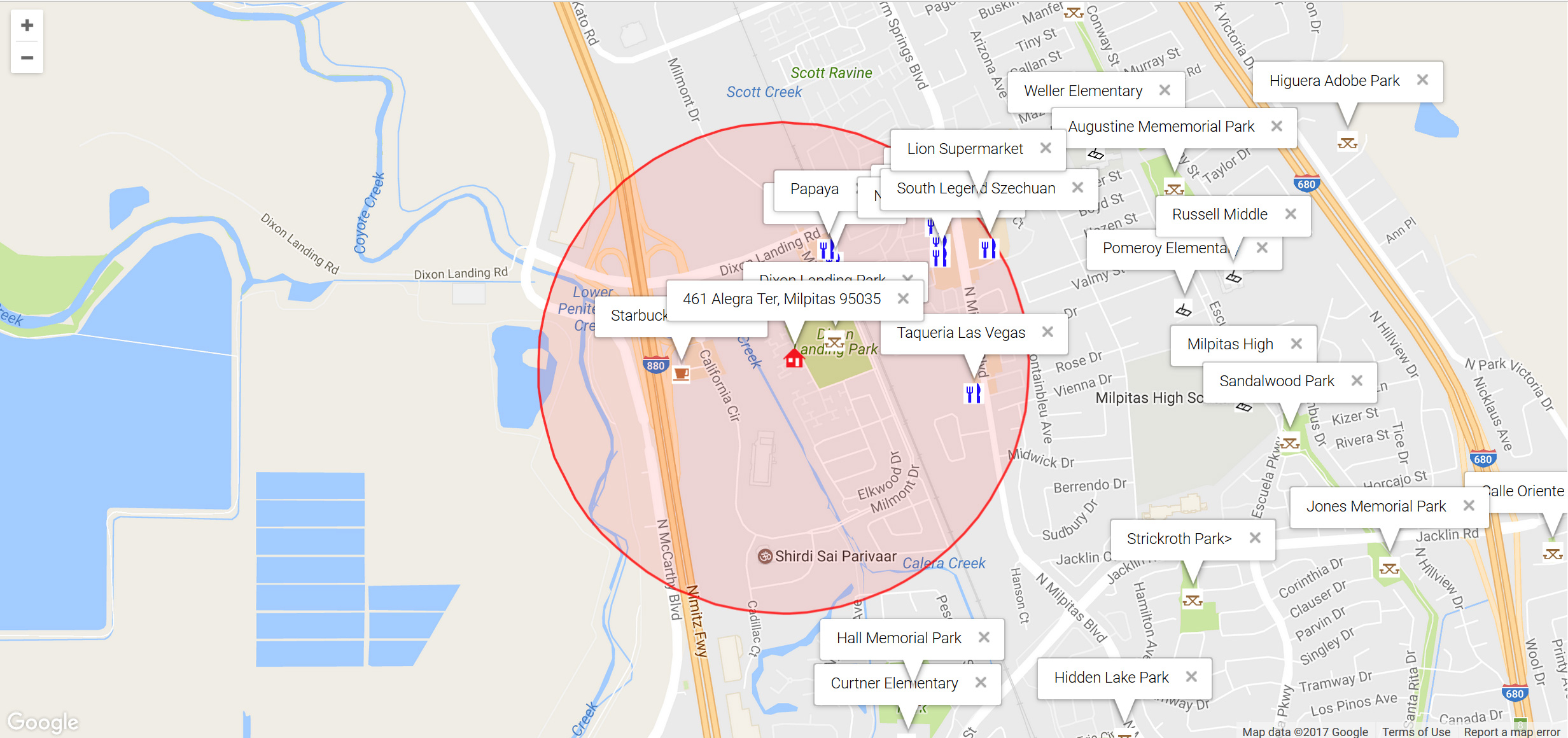 Map of attractions near 461 Alegra Ter, Milpitas 95035