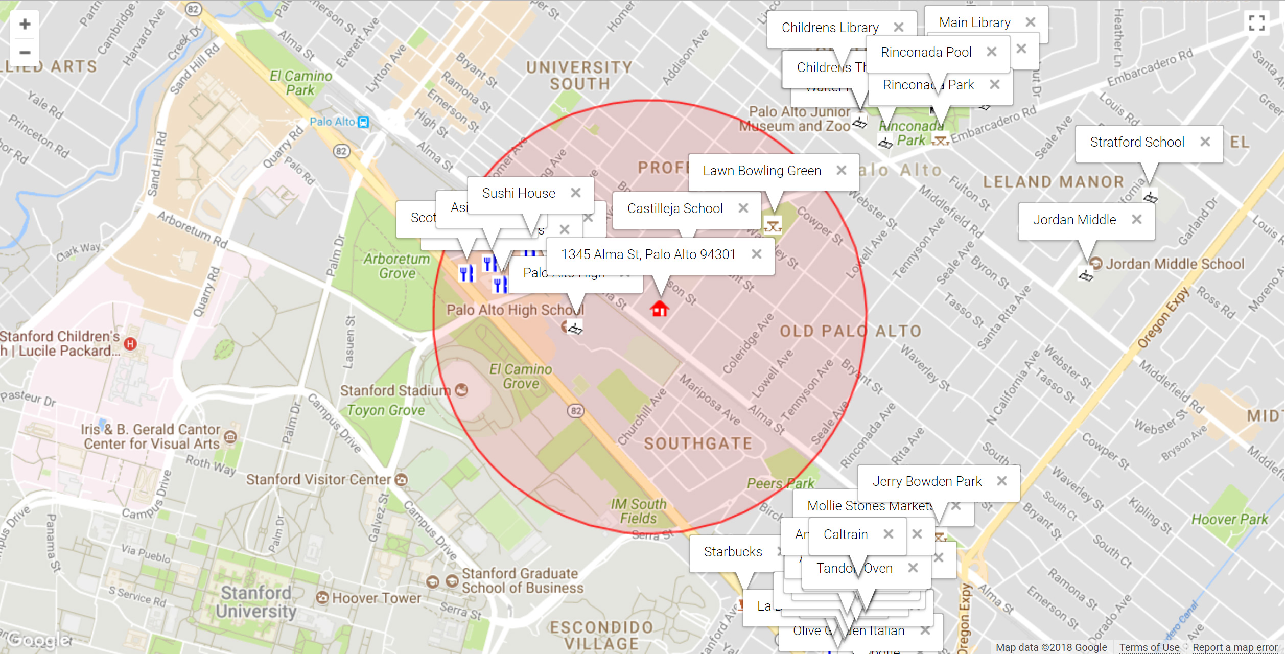 Map of attractions near 1345 Alma St, Palo Alto 94301