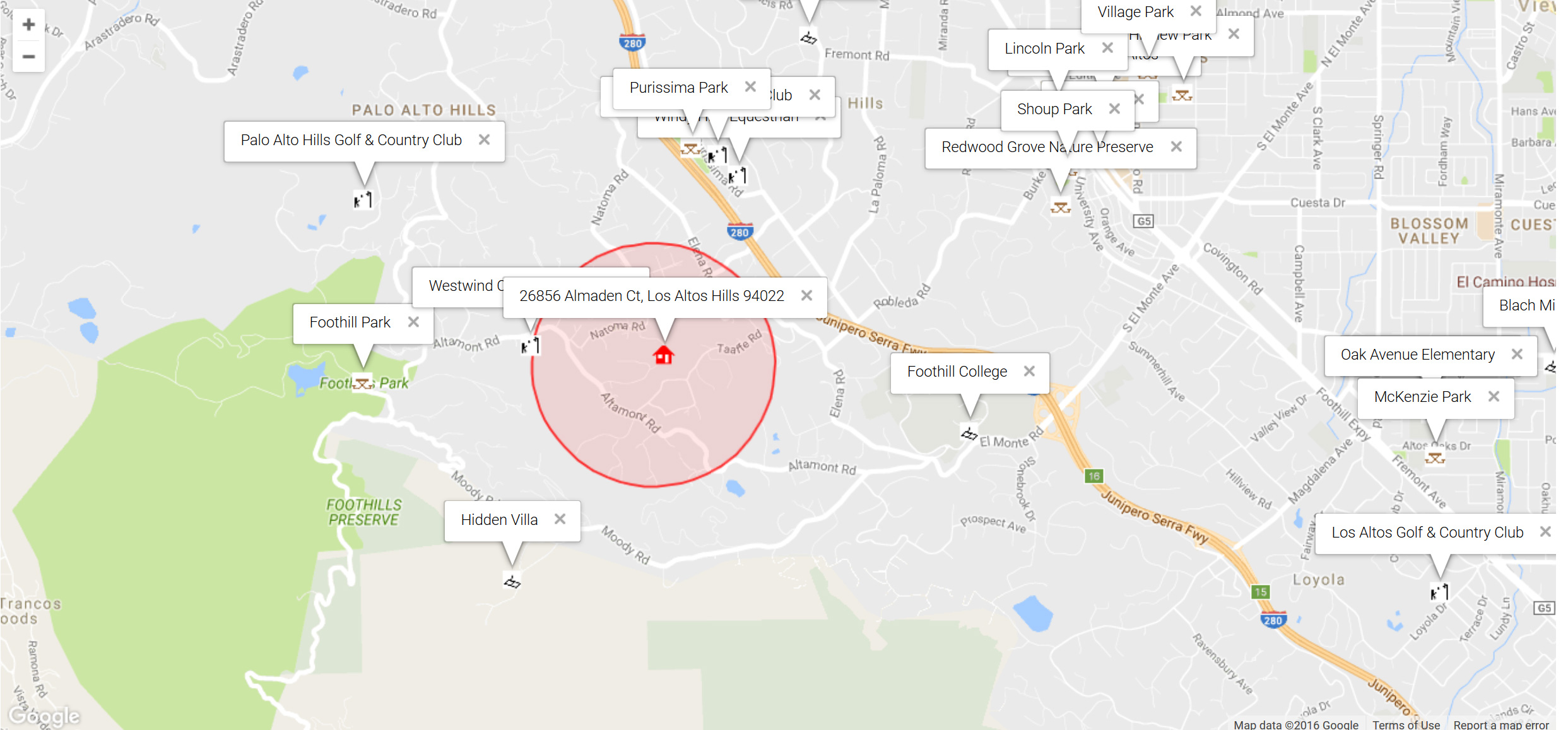 Map of attractions near 26856 Almaden Ct, Los Altos Hills 94022