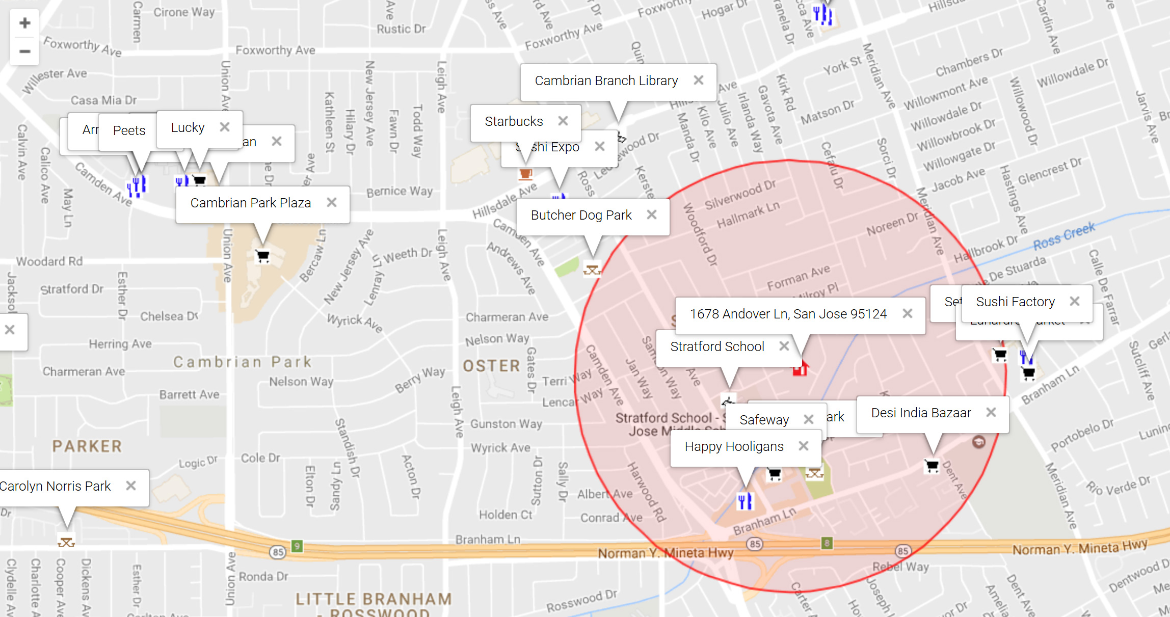 Map of attractions near 1678 Andover Ln, San Jose 95124