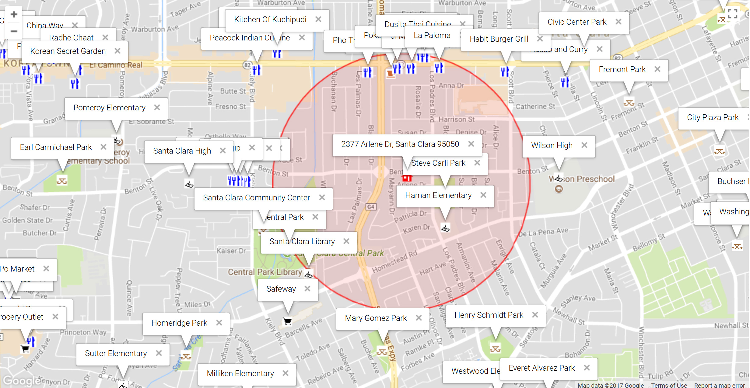 Map of attractions near 2377 Arlene Dr, Santa Clara 95050