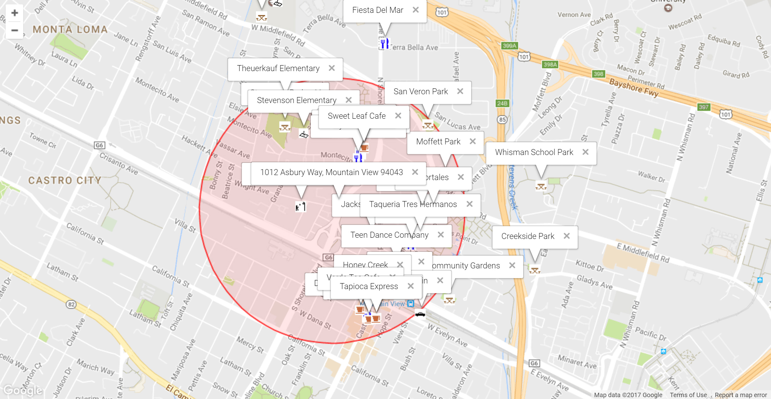 Map of attractions near 1012 Asbury Way, Mountain View 94043