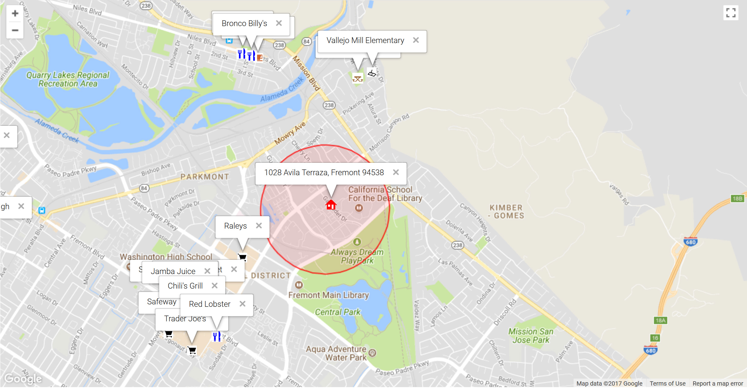 Map of attractions near 1028 Avila Terraza, Fremont 94538