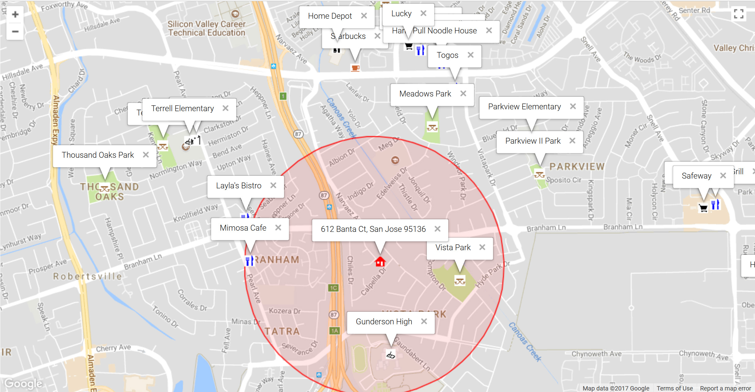 Map of attractions near 612 Banta Ct, San Jose 95136