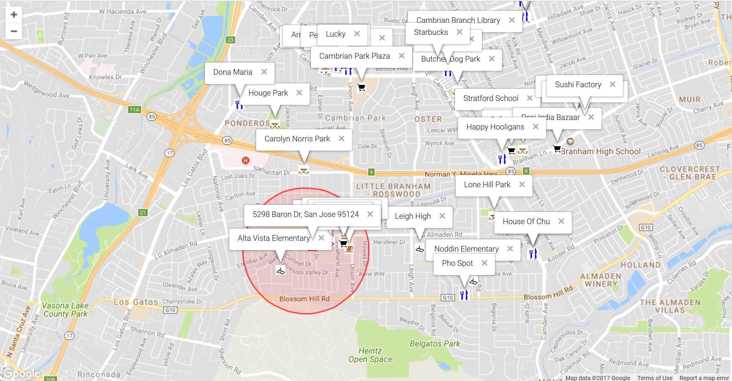 Map of attractions near 5298 Baron Dr, San Jose 95124