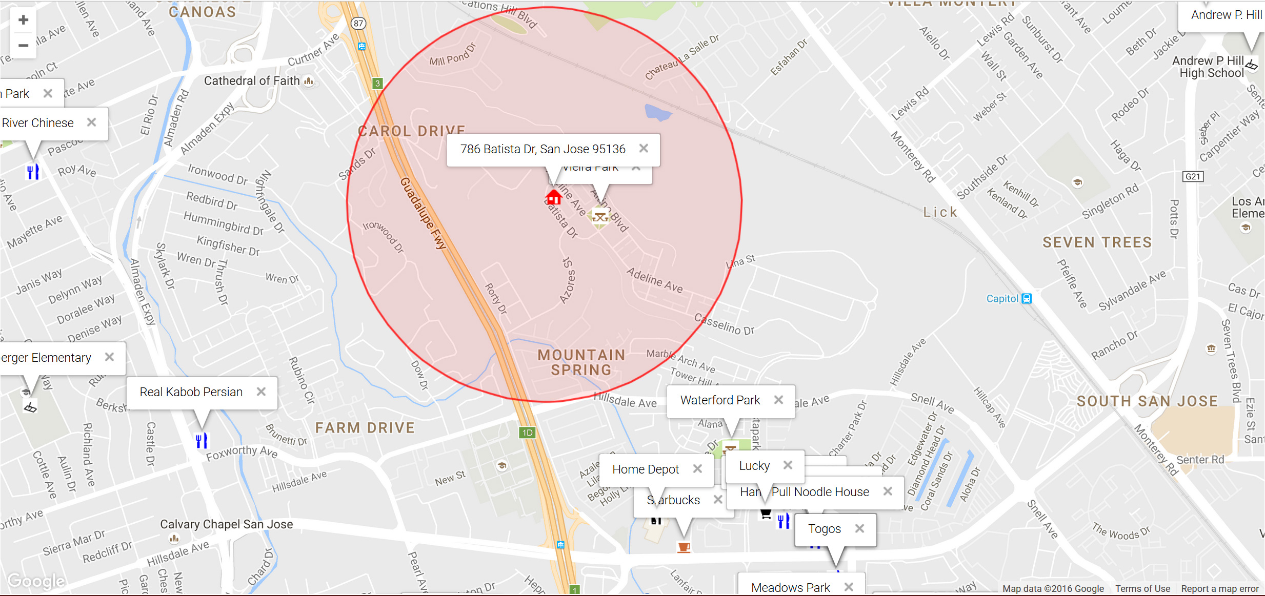 Map of attractions near 786 Batista Dr, San Jose 95136